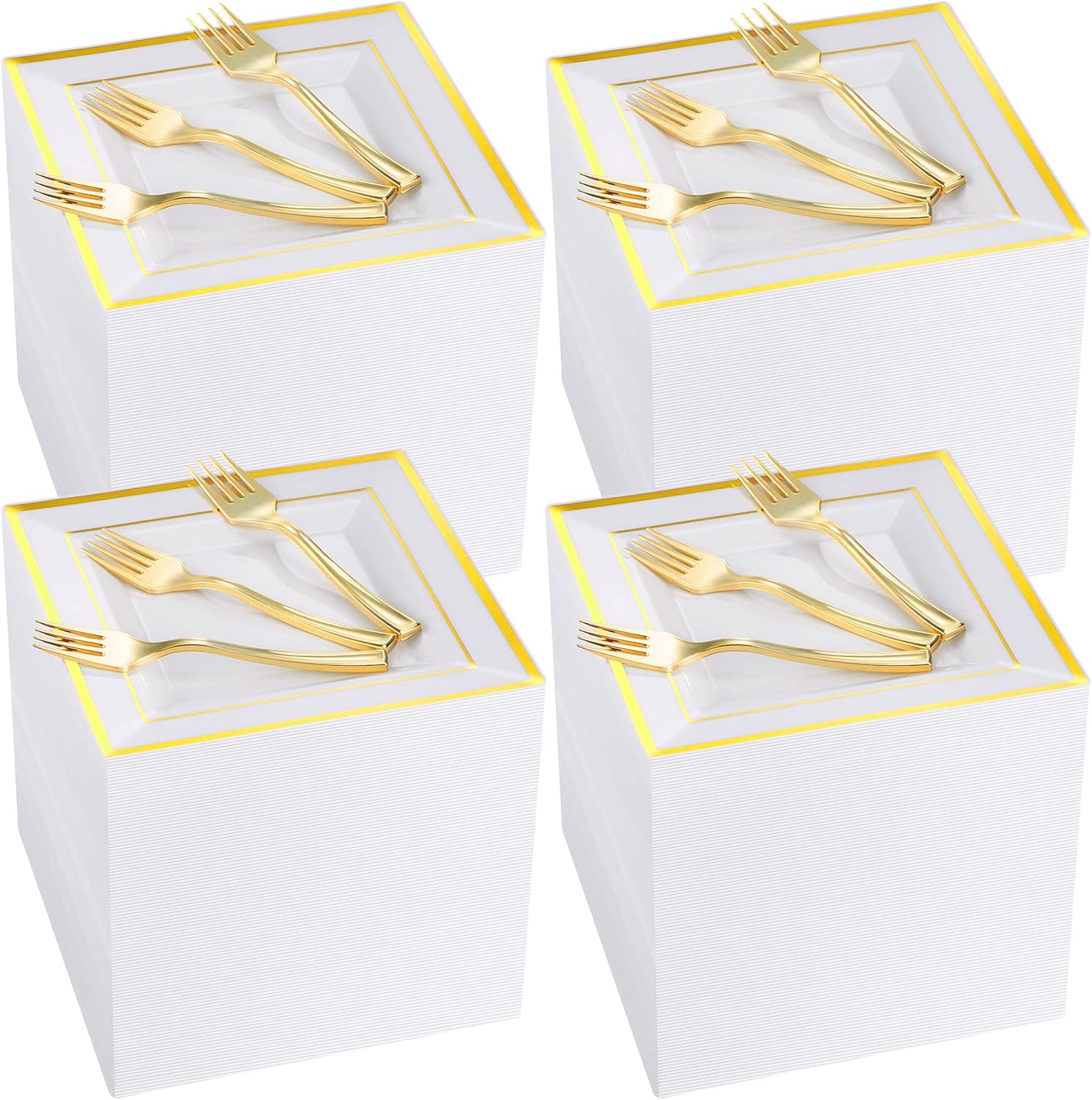 300 Pcs Square Plastic Plates with Forks Set Include 150 Disposable 6.5 Inch Dessert Plates Heavy Duty and 150 Plastic Appetizer Forks for 150 Guests Weddings Party Supplies(Gold)