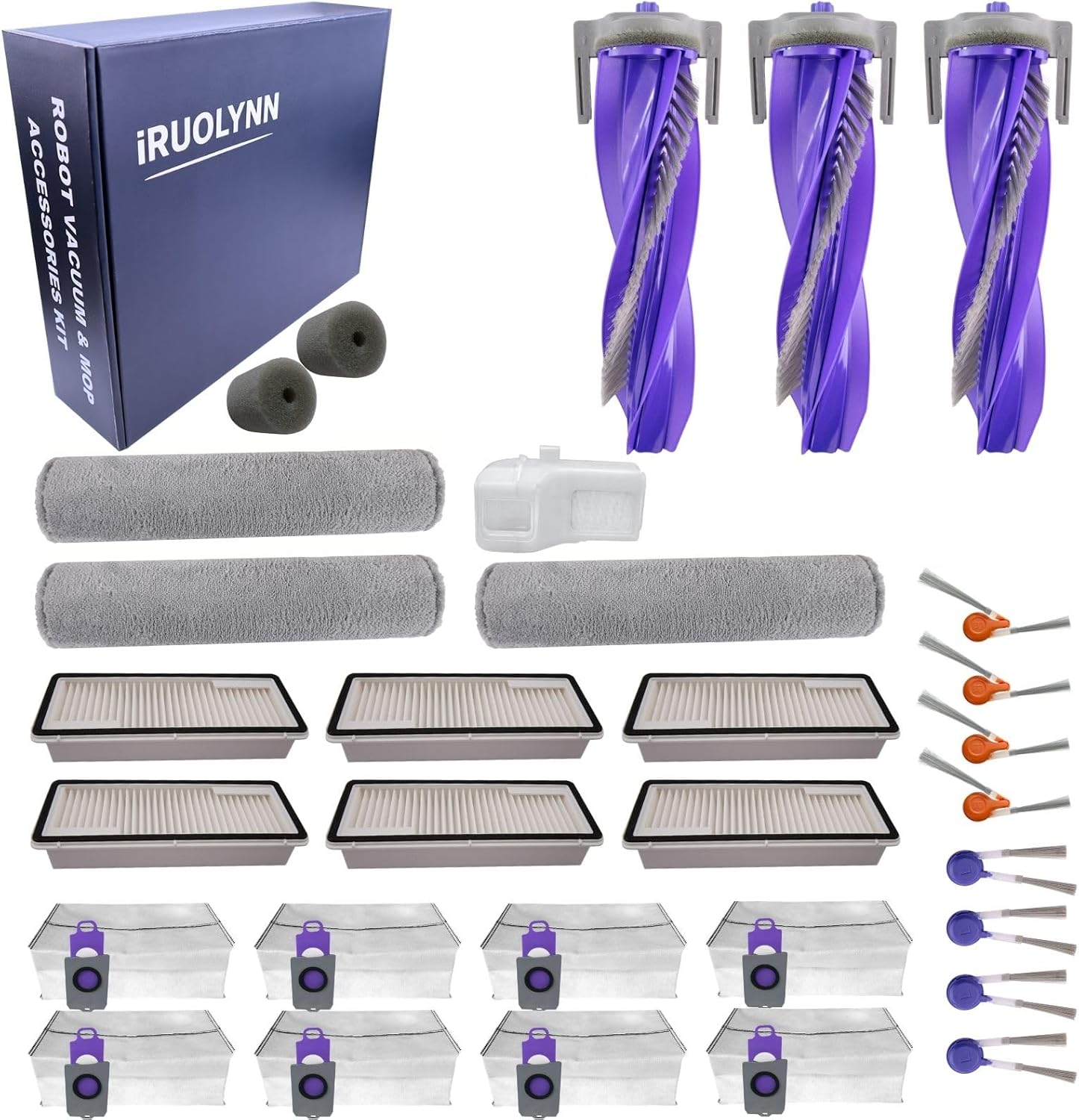 Replacement Accessories Parts Kit Compatible with Narwal Flow - Includes 8 Dust Bags, 8 Side Brushes, 6 Filters, 3 Roller Mop Pads, 3 Rubber Main Brushes, 2 Filter Sponge, 1 Dustbin Liner