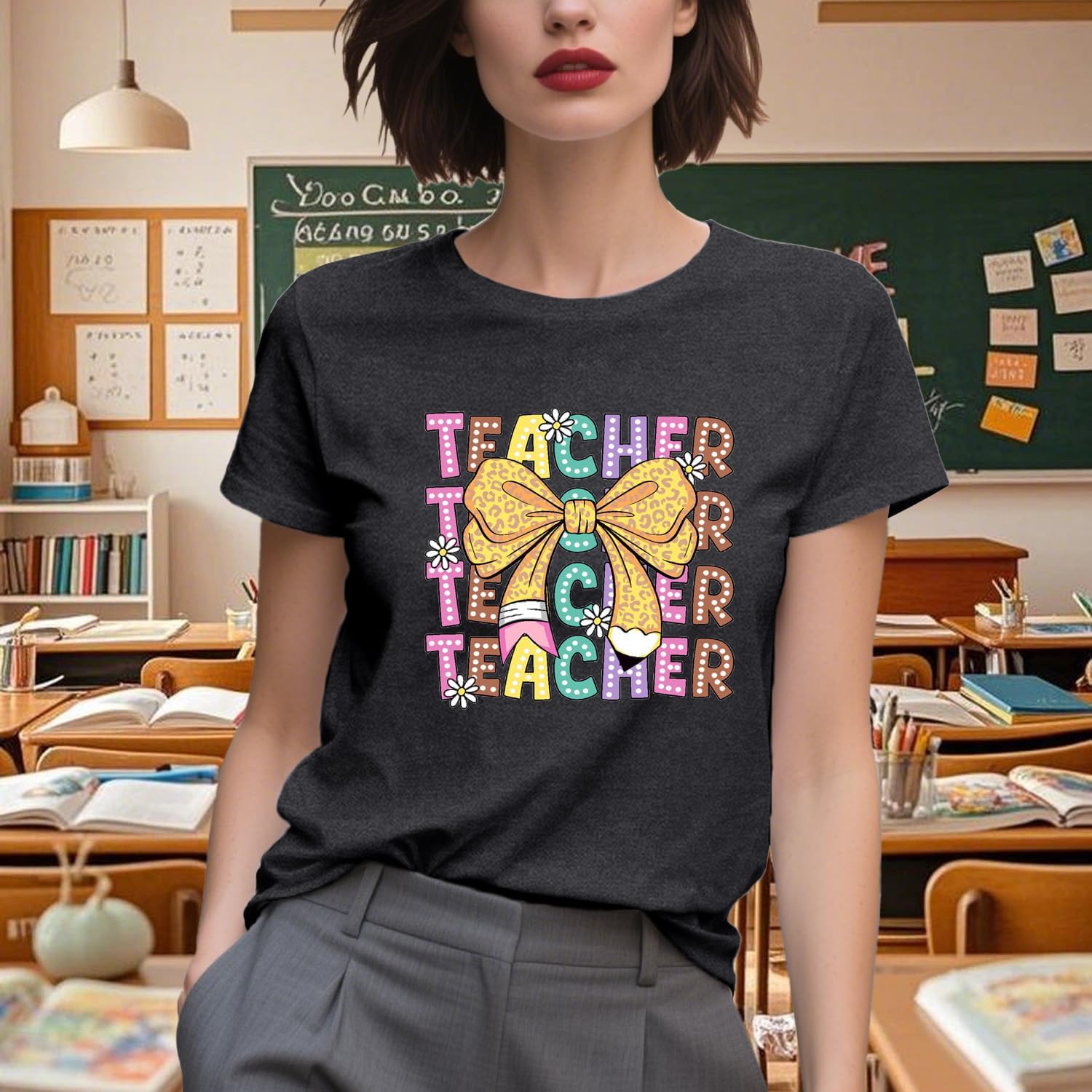 Teacher Shirts for Women Bow Pencil Teacher T-Shirt Teaching Life Tee Tops - Image 4