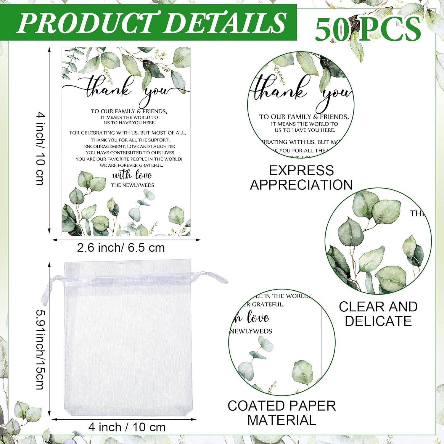 Didaey 50 Sets Wedding Favors Wine Corks with Greenery Wood Wine Stopper Wedding Gifts Thank You Cards White Organza Bag Cheers to Love Stopper for Guest Baby Shower Party Gift Dinner Decors