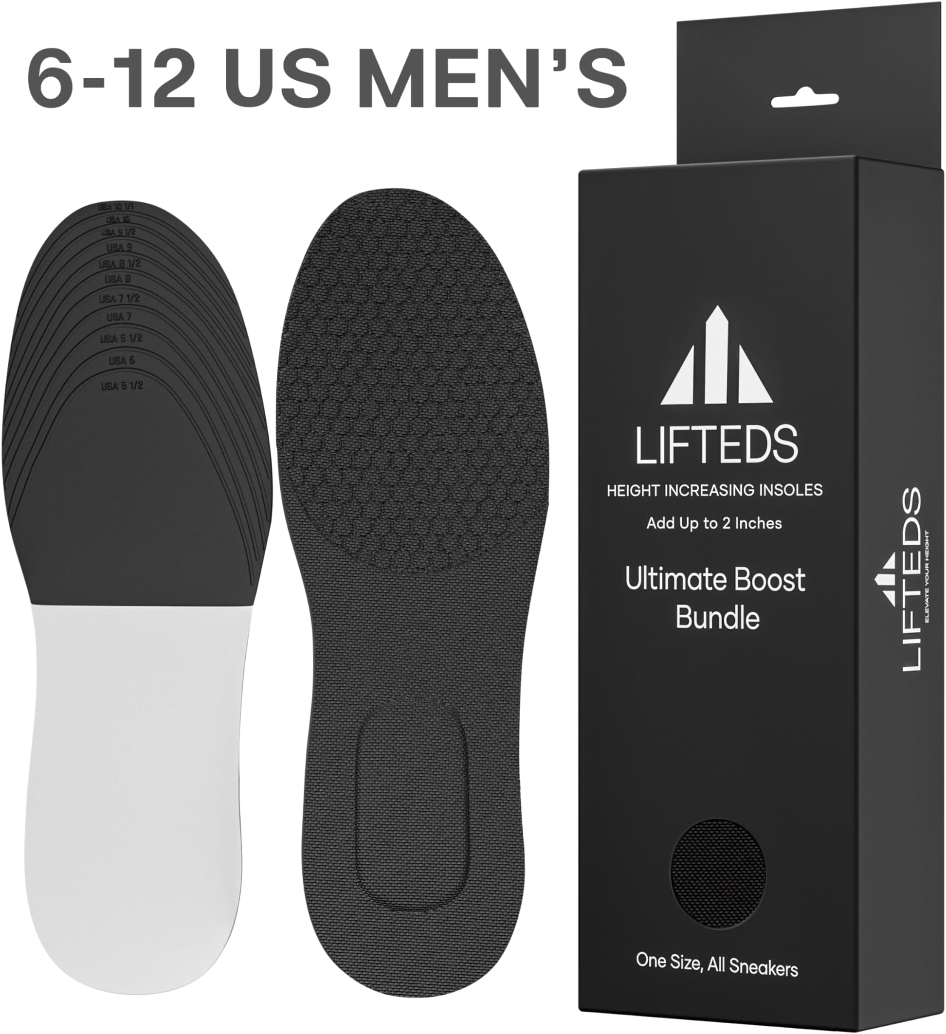 Men’s 2-Inch Height Increase Insoles Heavy-Duty 220+ lb Support, Dual-Layer Polyurethane, Adjustable Cut-to-Fit Design