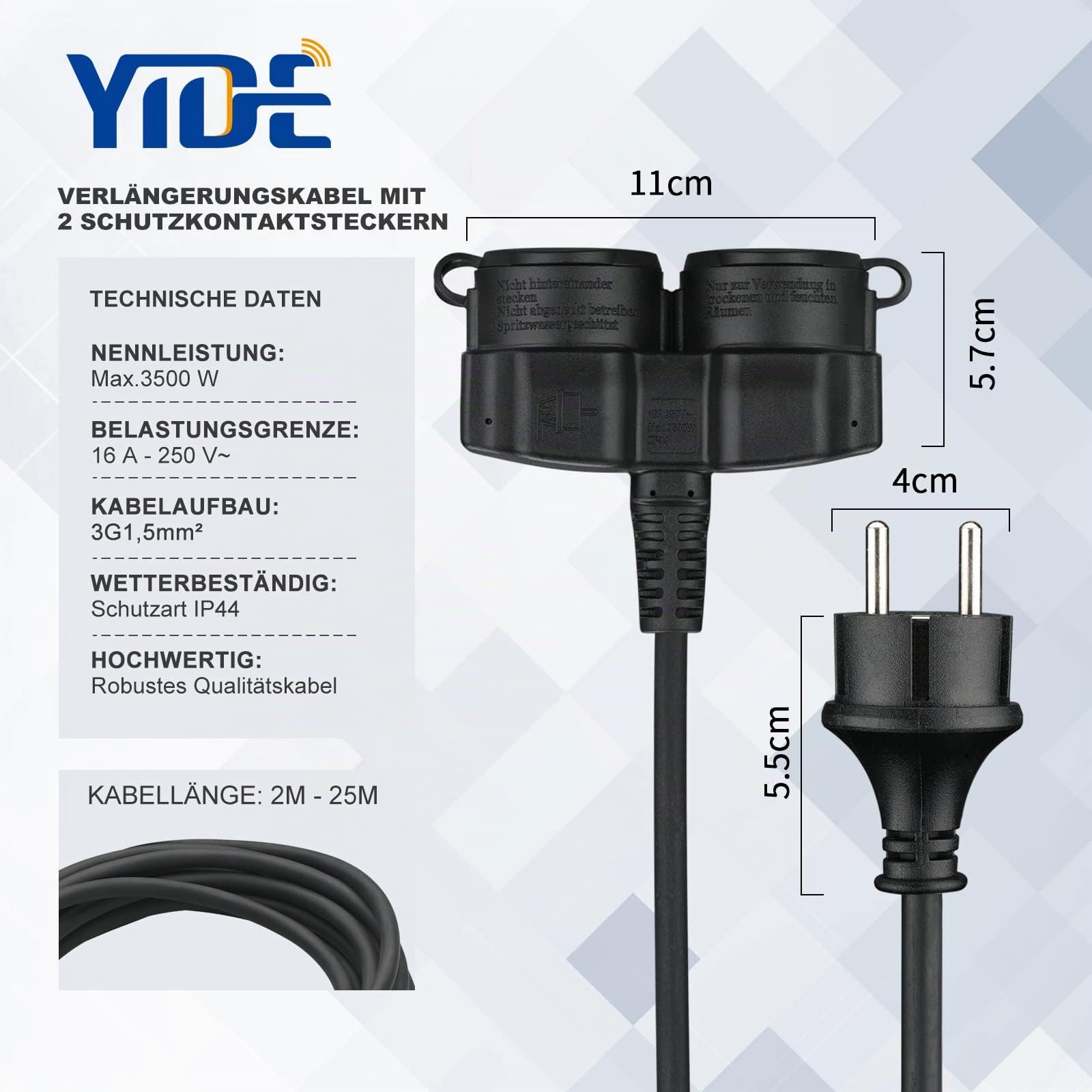 Verlängerungskabel 20m mit 2 Schuko-Steckdosen Outdoor, Doppel-Verlängerung für den Außenbereich IP44, 2 Schutzkontakt Buchsen, Gummi Stromkabel außen 3500 W, 2-Fach Verteiler mit Schutzkappe