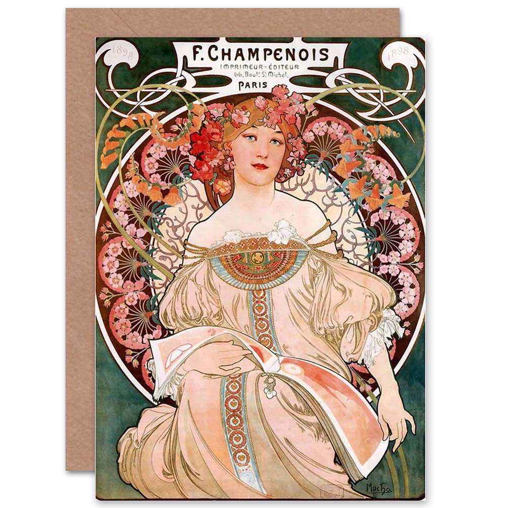 Wee Blue Coo ALPHONSE MUCHA CHAMPENOIS OLD MASTER PAINTING BLANK GREETINGS CARD