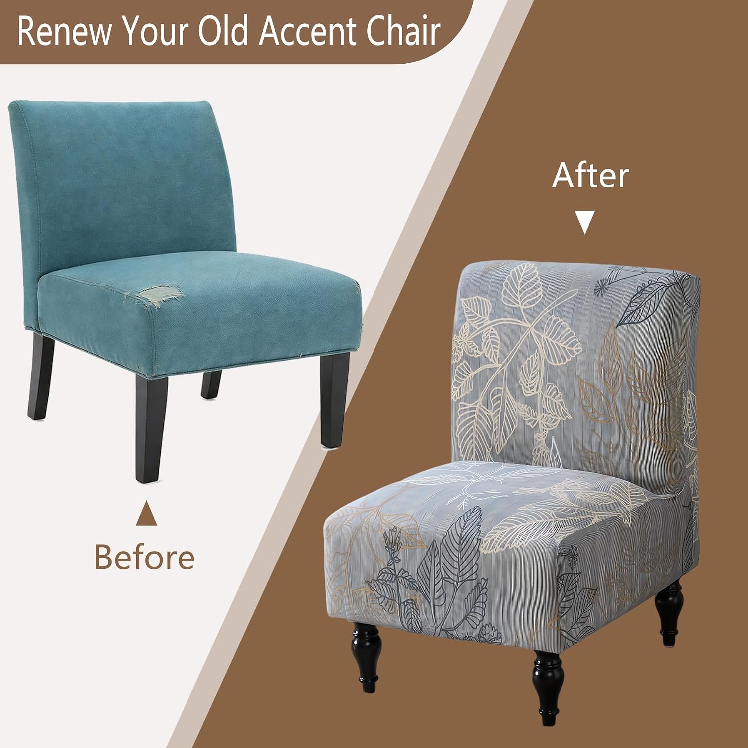 Armless Accent Chair Covers Stretch Spandex Printed Chair Slipcovers Removable Furniture Protector Covers for Living Dining Room Hotel (2 Pack, Plants+Grey)