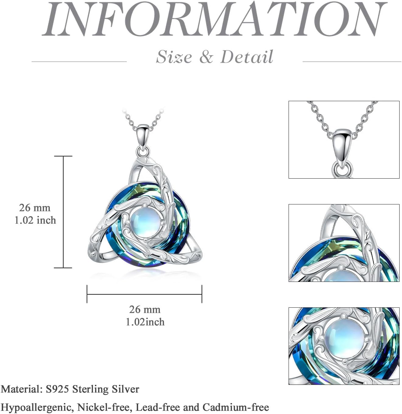 Celtic Knot Necklace for Women 925 Sterling Silver Trinity Knot Pendant with Crystal Moonstone Irish Jewelry Valentines Day Mothers Day Gifts for Women - Image 2