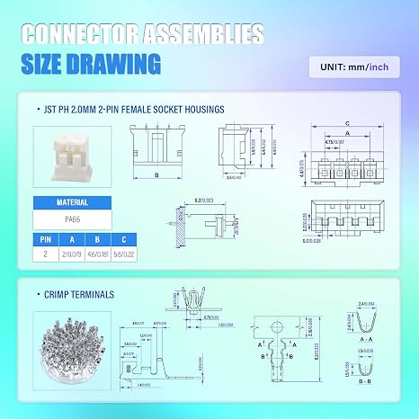 CQRobot JST PH 2-Pin Right Angle SMT Header, 2.0mm Pitch Male Plugs Connector with Female Socket Housing and Crimp Terminals Kit, 50 Sets/200 Pieces Wire-to-Board Adapter Cable Assembly.