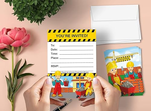 Miniatura 3 de Leigha Marina Tarjetas de invitación de fiesta de construcción para niños, 20 invitaciones y 20 sobres, rellena las notas de felicitación en blanco,