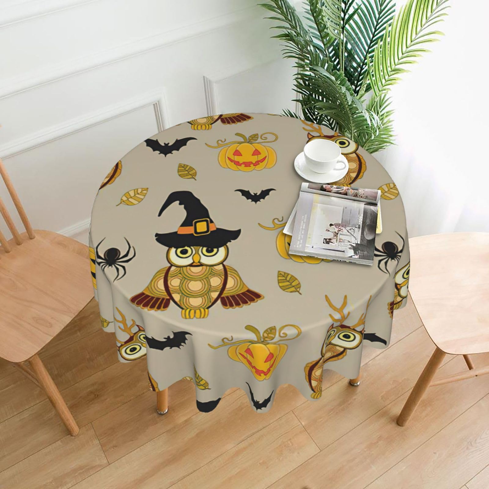 SDEGTHO Halloween Pumpkin and Owl Print Modern Retro Round Tablecloth 60in Polyester Fabric Cover for Party Dining Table Washable