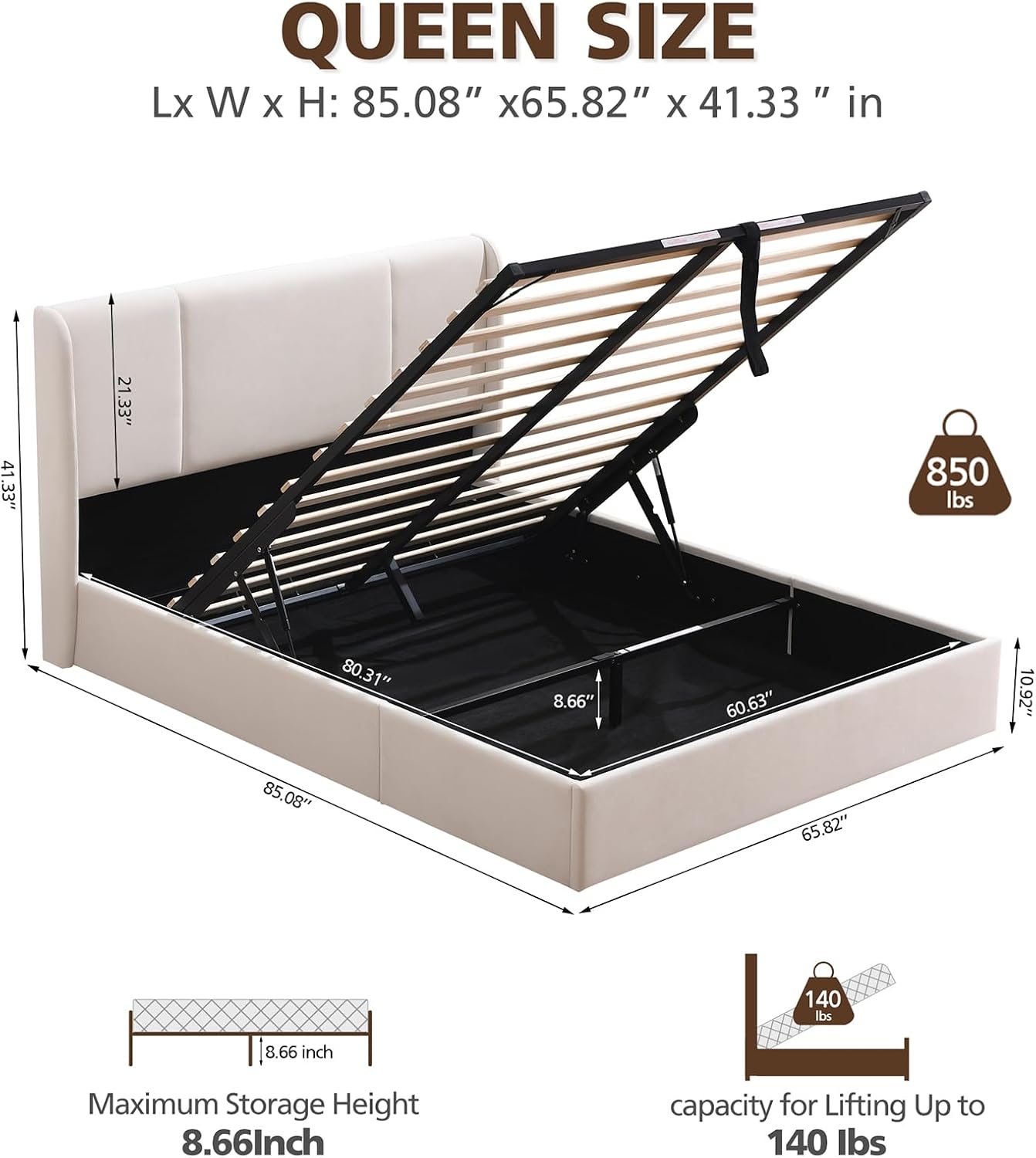 Dimensions of the Queen Size VELOCAVA Lift Up Storage Bed