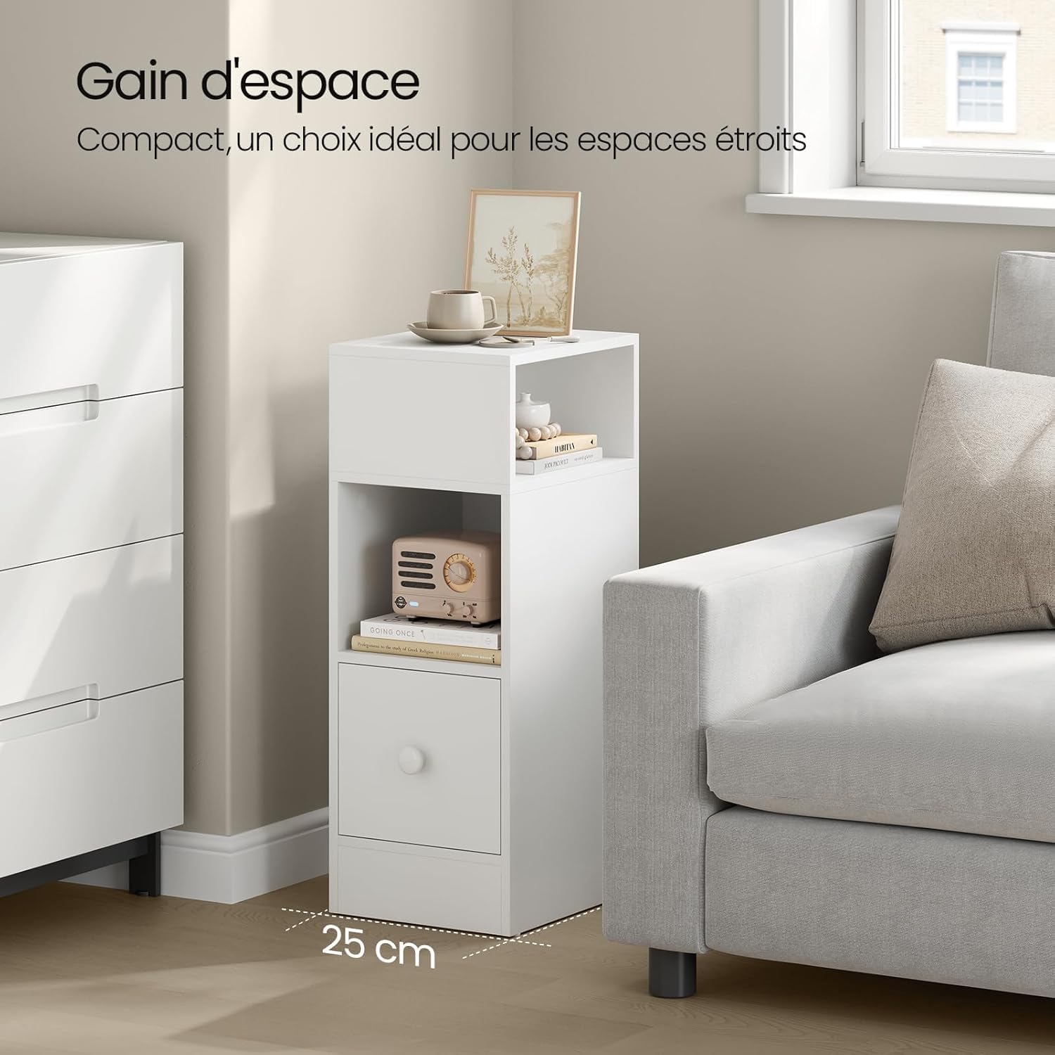 EUGAD Lot de 2 Tables de Chevet Étroite, Tables de Nuit avec 2 Compartiments Ouverts et 1 Tiroir, 25x30x66cm, Compact, pour Chambre à Coucher, Salon, en Aggloméré, Blanc, 0179ZZ-2
