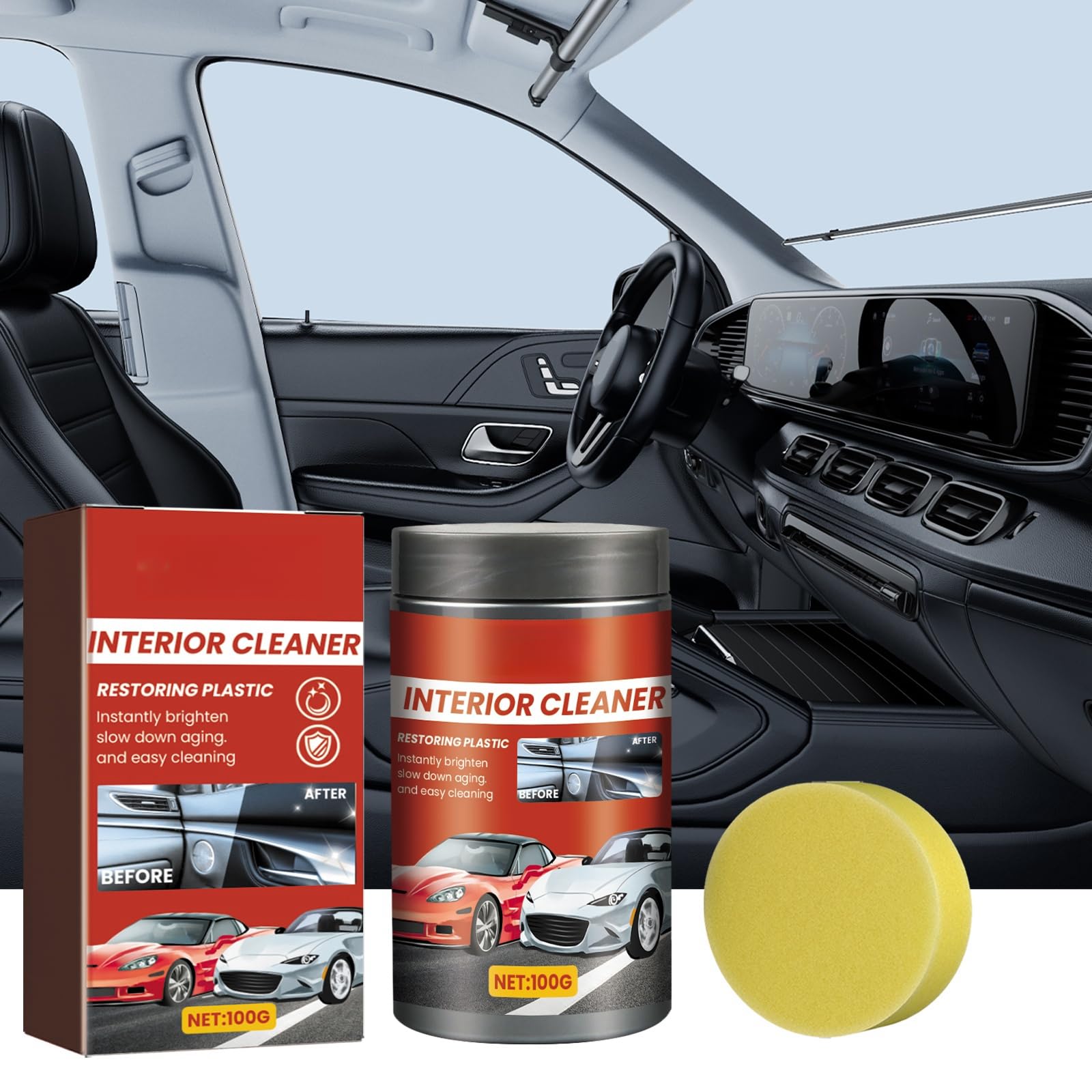 – Automotive Interior Cleaner - 100g Dashboard and Seat Cleaner and Polish with Sponge, Interior Renovation Paste for Cars, Effective Dust Removal, Stain Cleaning, Polishing, and Maintenance