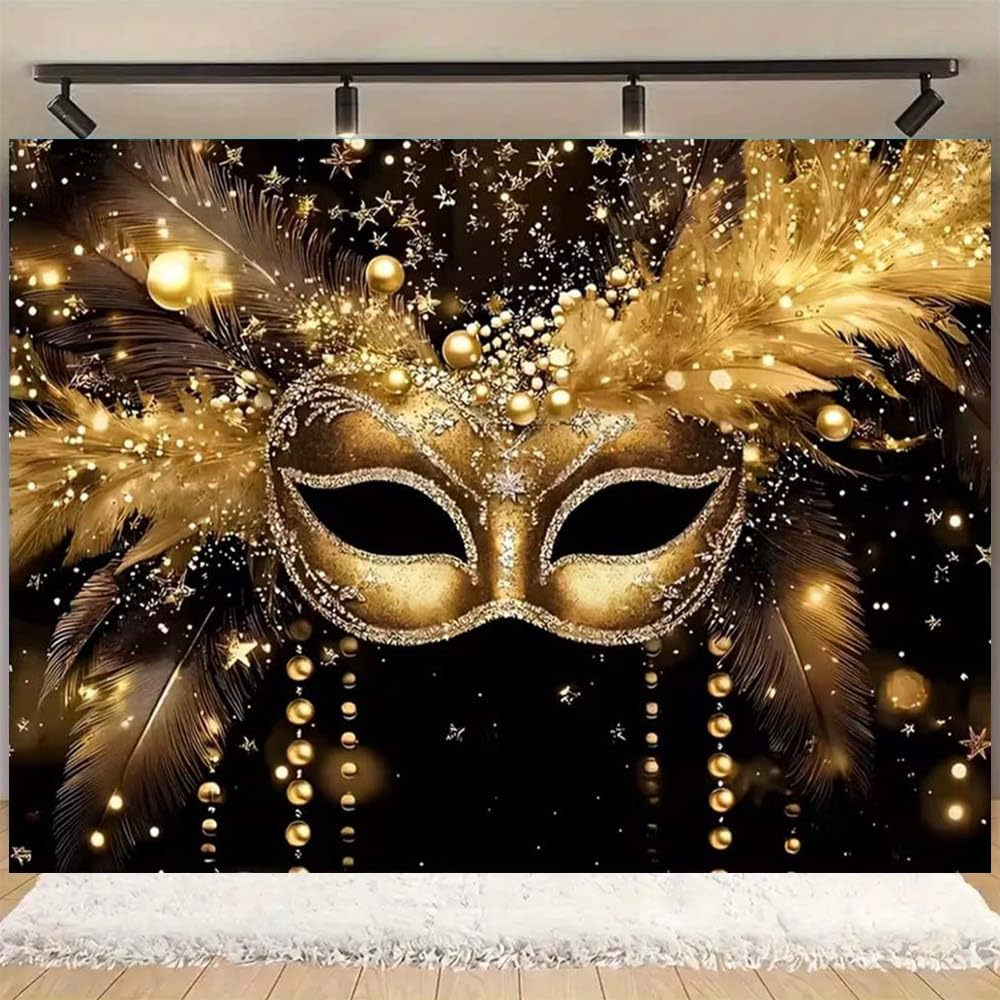 Sfondo per feste in maschera, maschera dorata, piume glitterate, sfondo fotografico, per martedì grasso, feste in maschera, carnevale, feste di buon compleanno (A, 2,7 x 1,8 m)