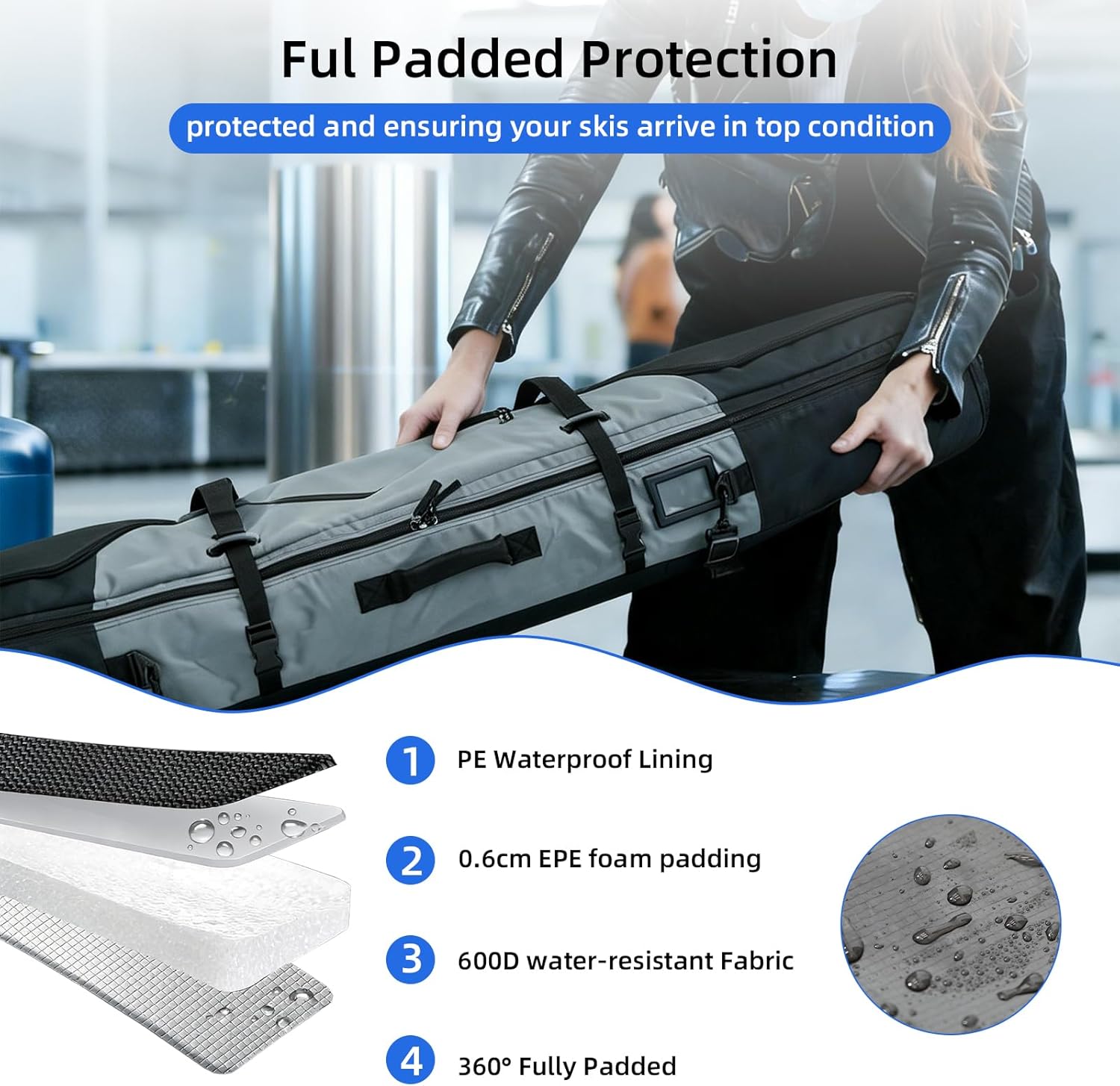 360° Padded Ski and Snowboard Travel Bag, Water-resistant Durable Storage Case for Air Travel and Road Trips