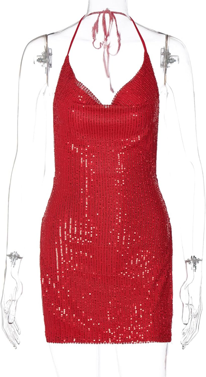 Women's Sequin Halter Bodycon Mini Dress Split Hem Backless Cowl Neck Sexy Short Dress Open Back Cocktail Party Dresses - Image 7
