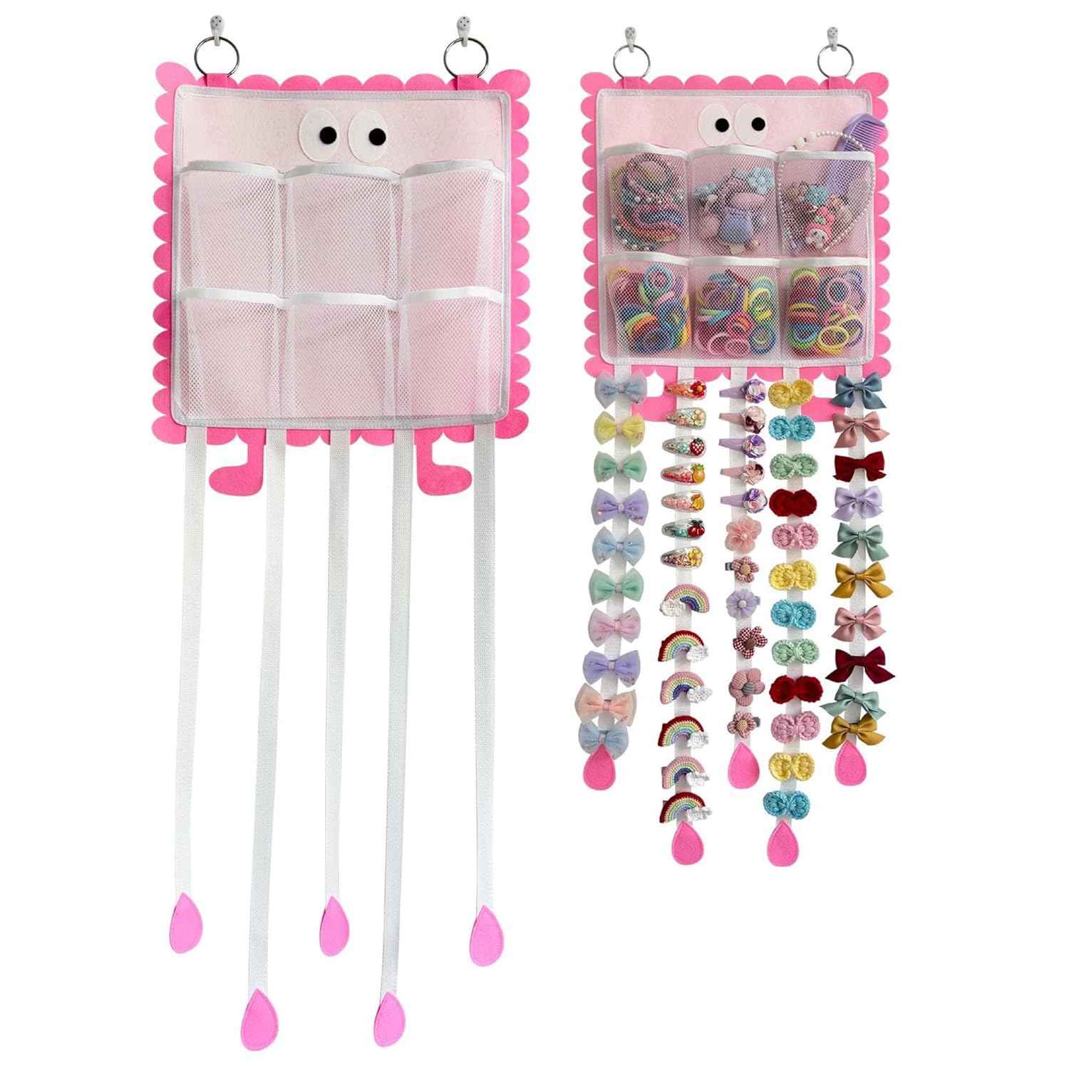 Kaifengvey Hanging Hair Clip Organizer with Pockets for Hair Ties Hair Bow Holder for Girls Barrettes Scrunchies Cute