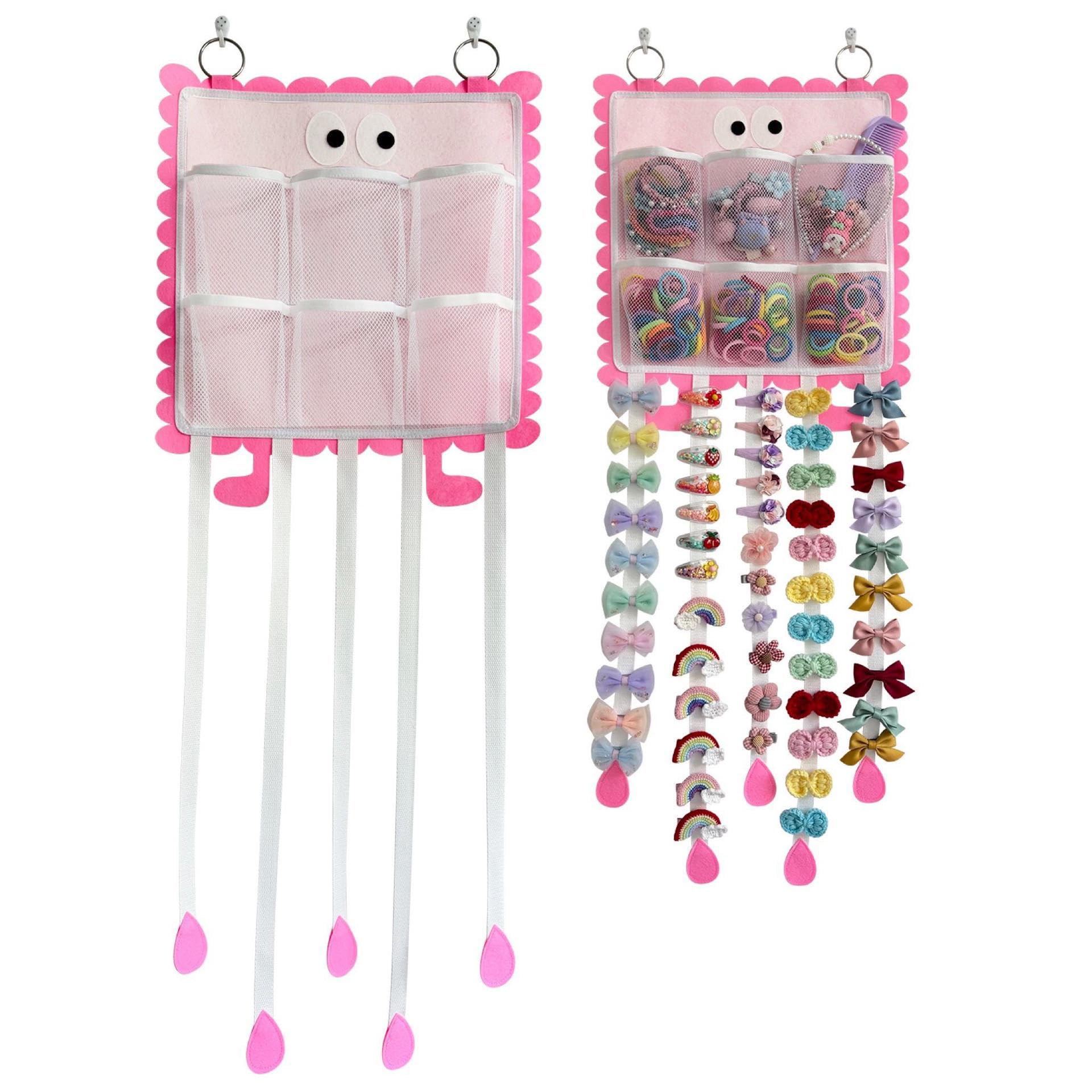 Kaifengvey Hanging Hair Clip Organizer with Pockets for Hair Ties Hair Bow Holder for Girls Barrettes Scrunchies Cute