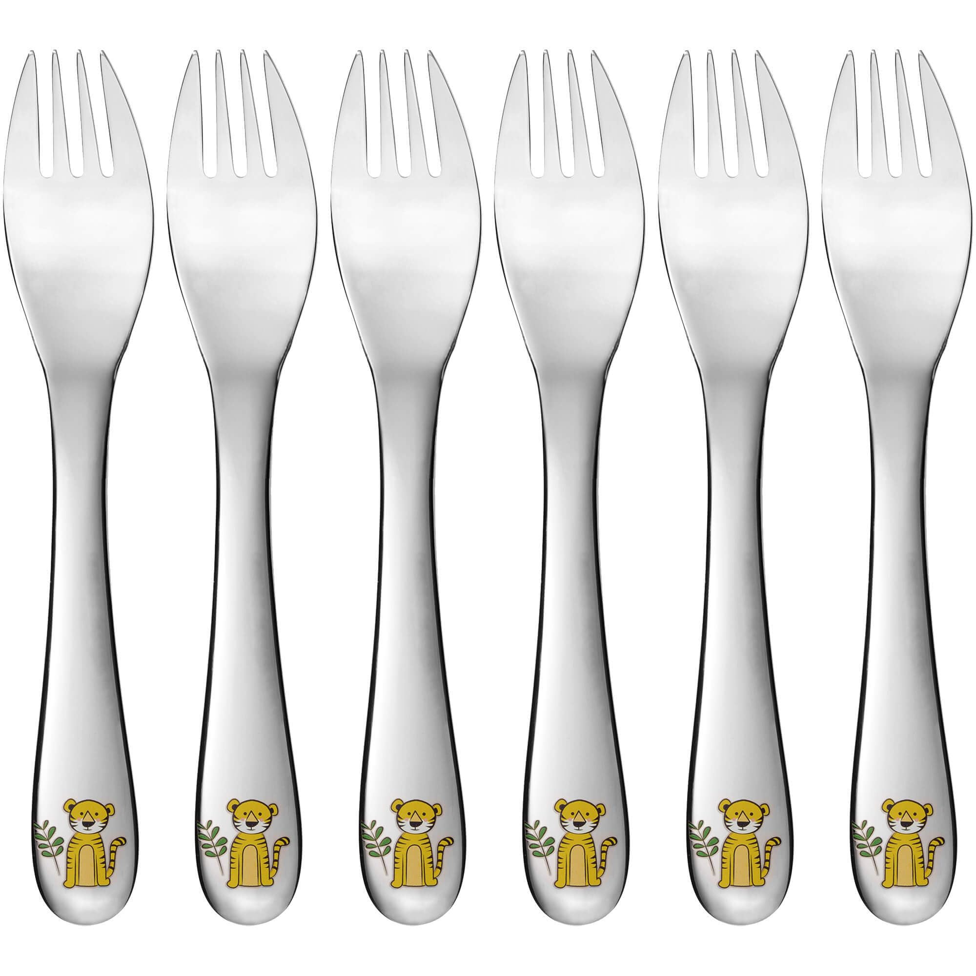 GRÄWE Kindergabel 16 cm, 6-teilig, Edelstahl, kleine Gabel, mit Dschungel-Tiermotiven, kindgerecht, für Jungen und Mädchen, Geschenkidee für Kinder, Motiv Tiger