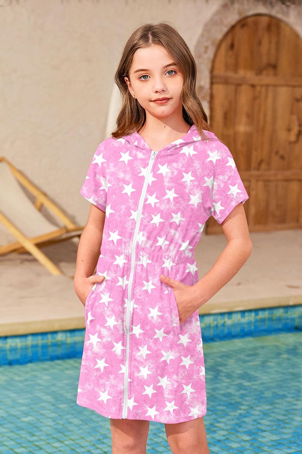 BesserBay Child Swim Swimsuit Zip Up Terry Cover up Zipper with Pockets Hoodie Pink Star 13-14 Years - Image 3