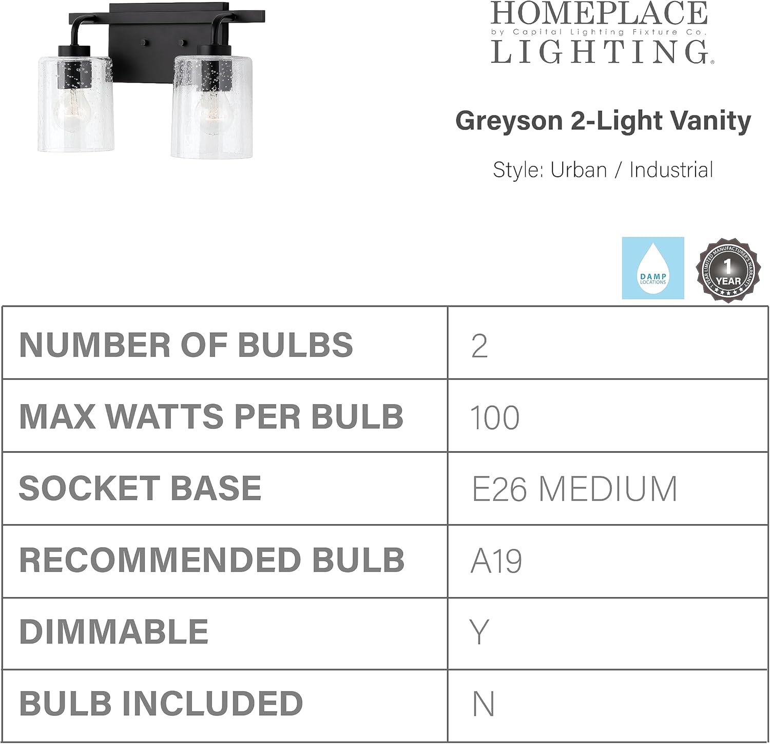 HomePlace Lighting 128521MB-449 Greyson Urban/Industrial Clear Seeded Glass Bathroom Vanity Wall Light, 2-Light 200 Total Watts, 9" H x 15" W, Matte Black