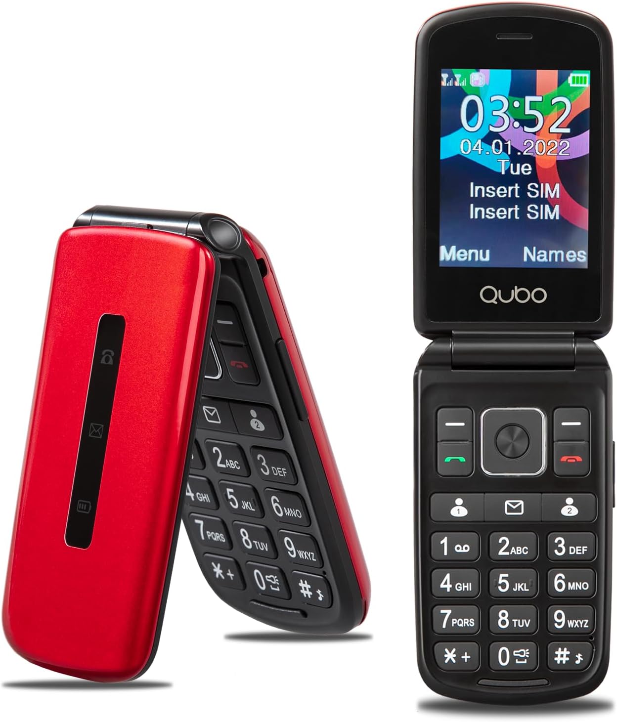 Qubo P210NW Flip Phone in open and closed positions, front view