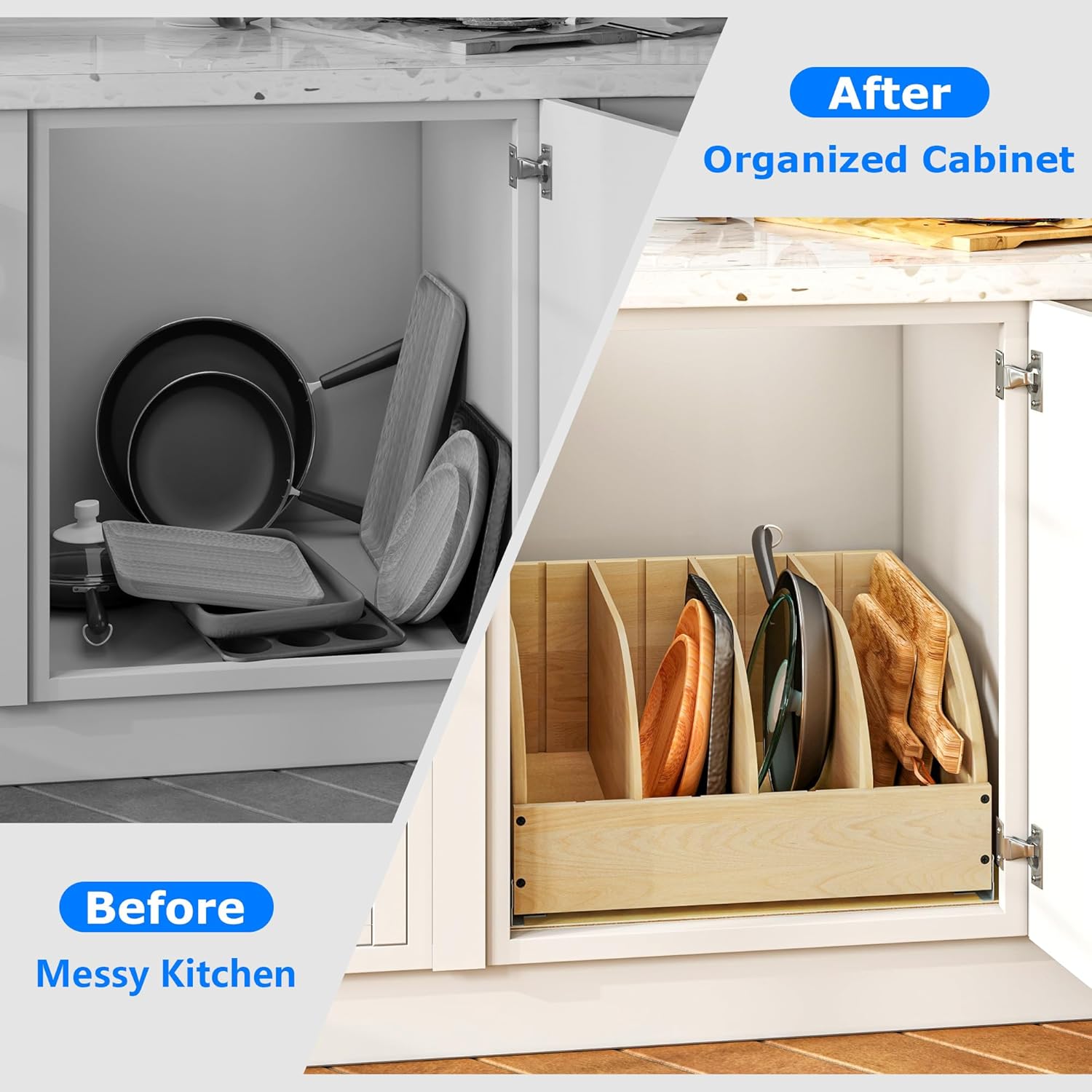 WelFurGeer Birchwood Pot and Pan Organizer with Soft-Close Drawer, Pull Out Cabinet Organizer, Heavy-Duty Slide-Out Storage for Baking Sheets, Cutting Boards, and Kitchen Utensils - Image 3