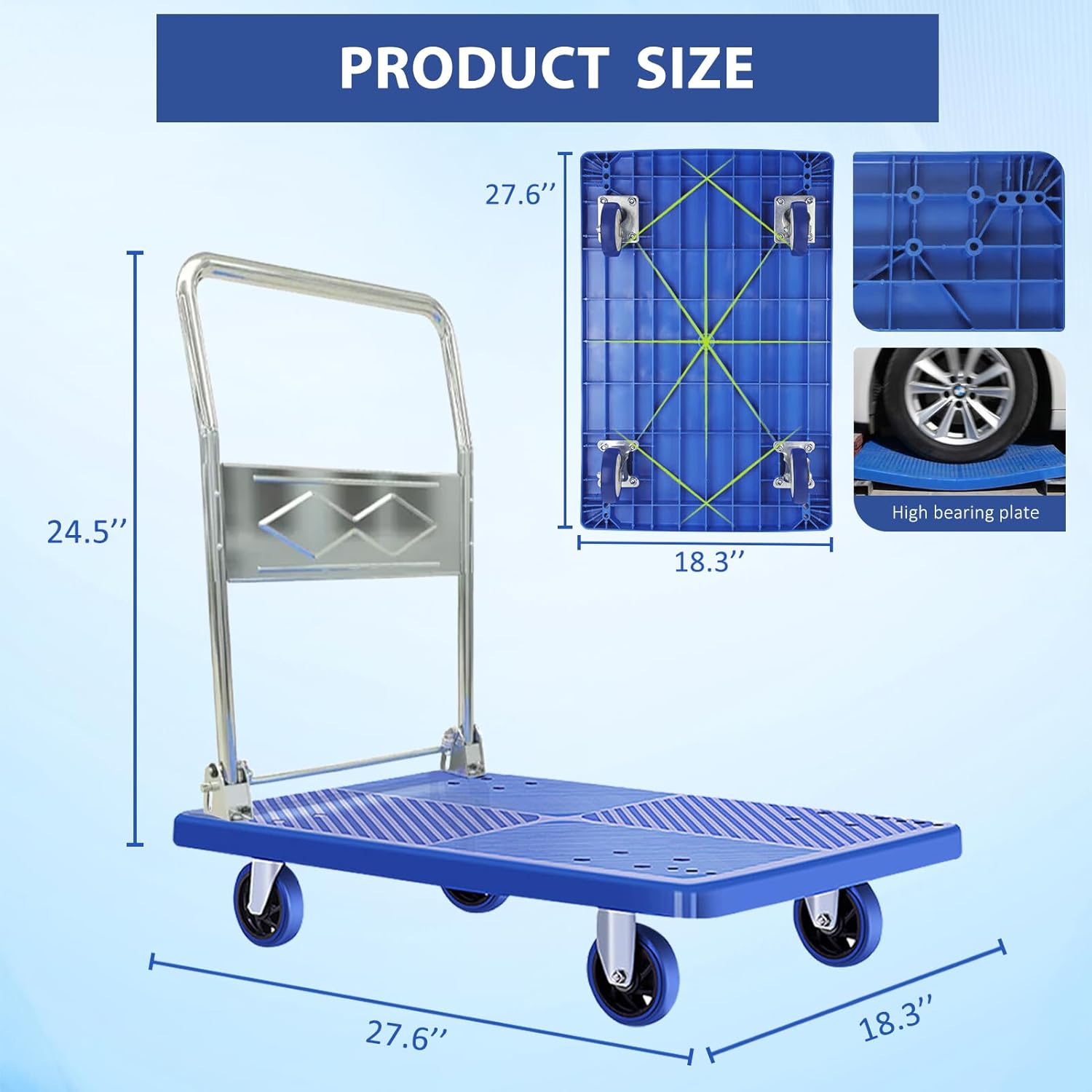 Foldable Platform Truck｜440 lbs Weight Capacity Hand Truck｜Push Cart Dolly with 360 Degree Swivel Wheels｜Push Cart on Wheels for Easy Storage and Loading｜Blue