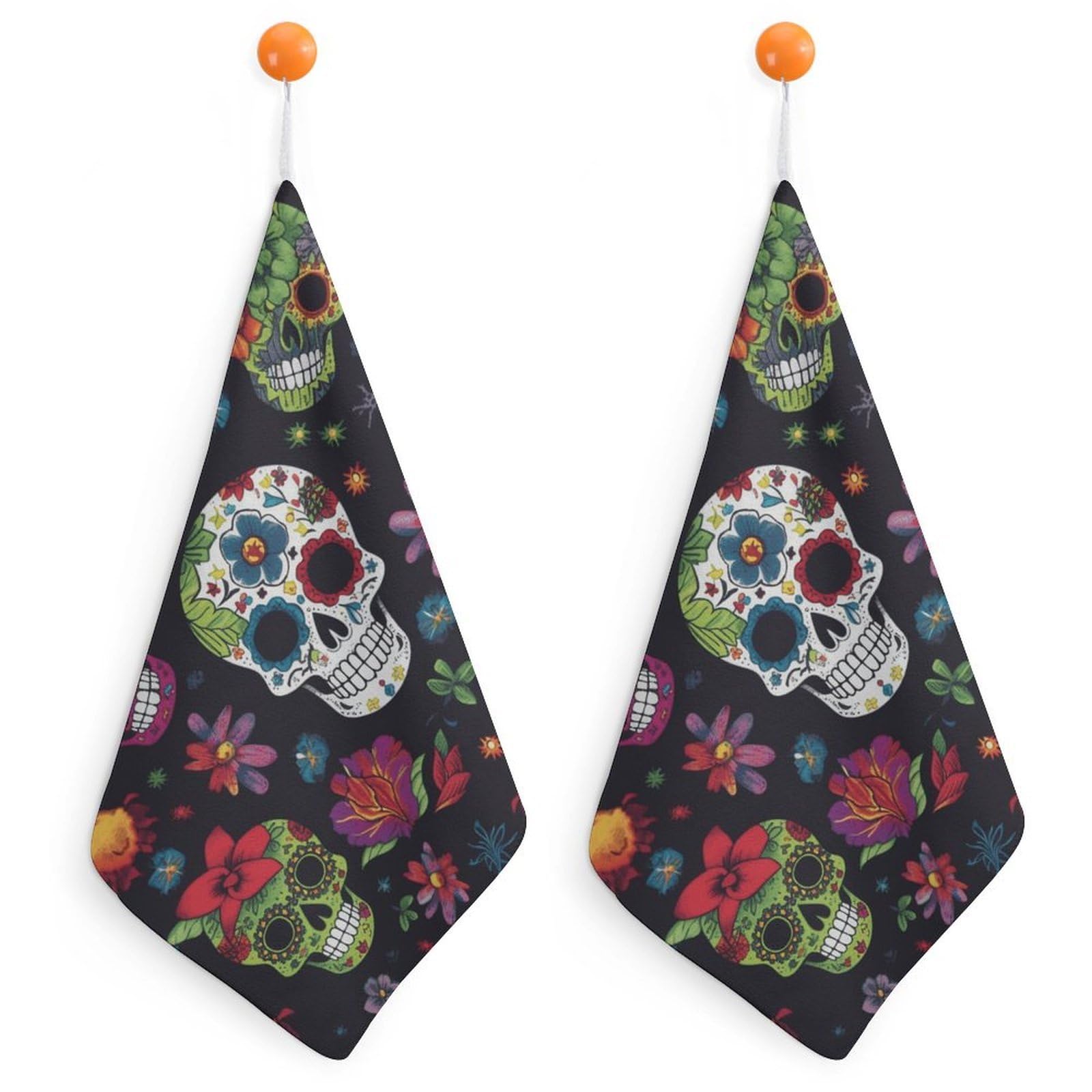 VstaDank Flower Cactus Sugar Skull Washcloth with Hanging Loop Quick Dry Microfiber Hand Towel Highly Absorbent Wash Cloth Reusable Makeup Remover Cloth Soft Feel Fingertip Towel for Bathroom