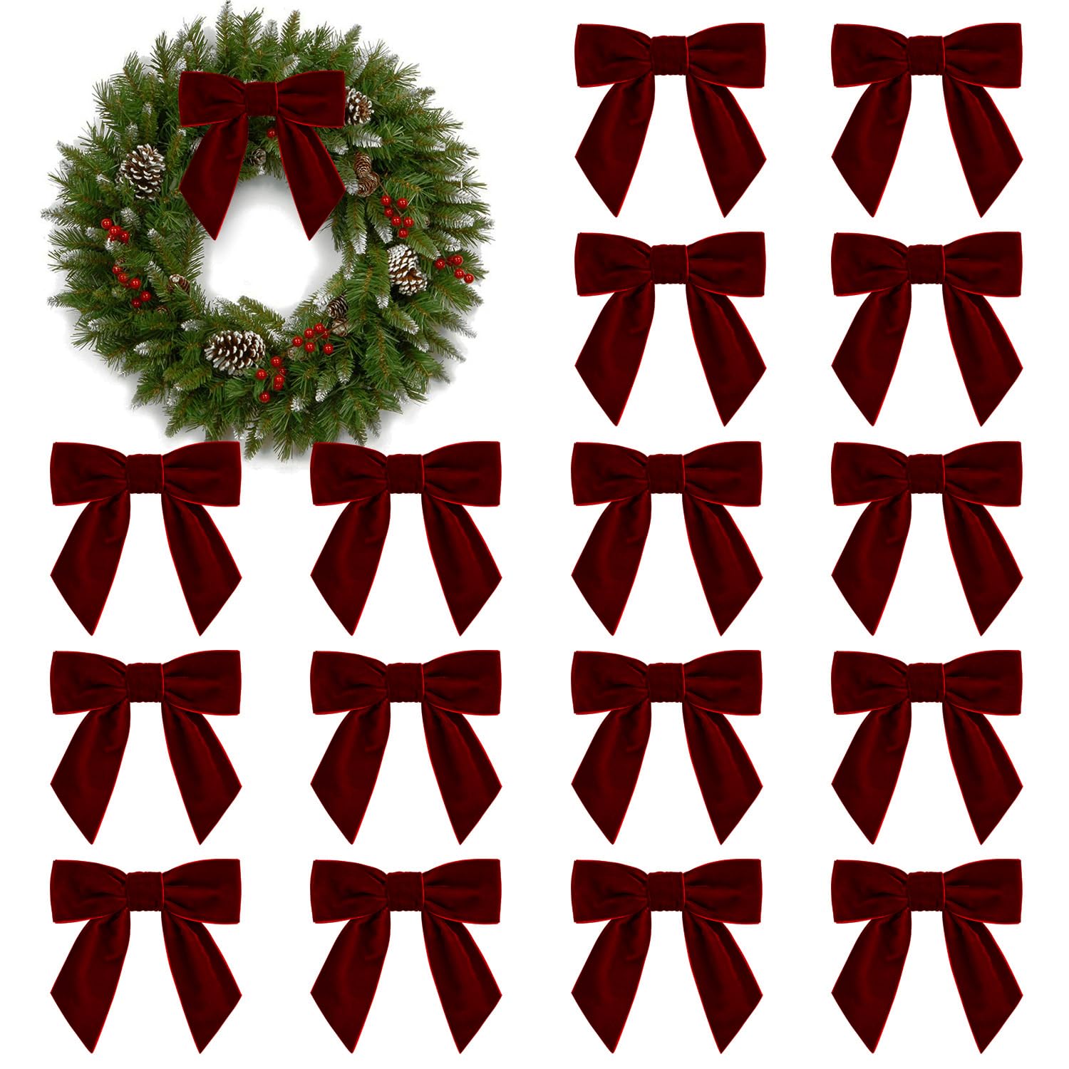 16Pcs Burgundy Velvet Bows for Christmas Tree - 4.3" Vintage Wine Red Velvet Ribbon Bows for Xmas Tree Garland Wreath Gift Wrapping DIY Crafts Wedding Home Decor