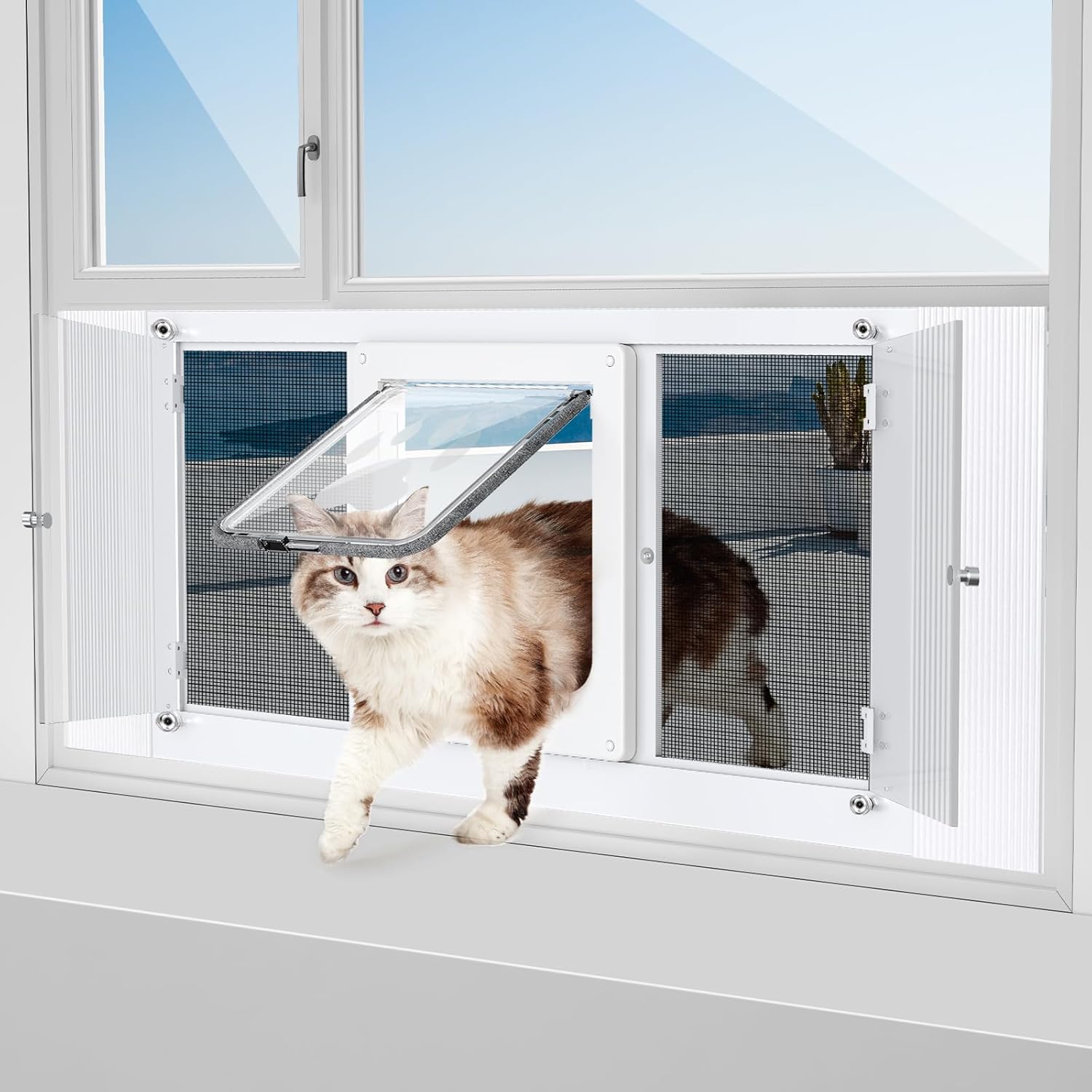 2-in-1 Cat Door for Window with Acrylic Panel, Rainproof & Ventilation Dual Modes, Adjustable Width of 32"-36" for Sliding Windows, Weather Resistant Window Cat Door Insert
