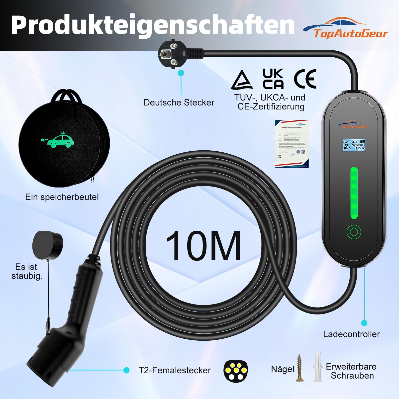 TopAutoGear E Auto ladekabel typ 2 schuko 220v, 10M Ladekabel 3.68KW 1-Phase, 8A/10A/13A/16A 230V Einstellbare Strom IP65, wasserdichte Ladegerätbox, Klarer LCD-Anzeige, Aufbewahrungstasche