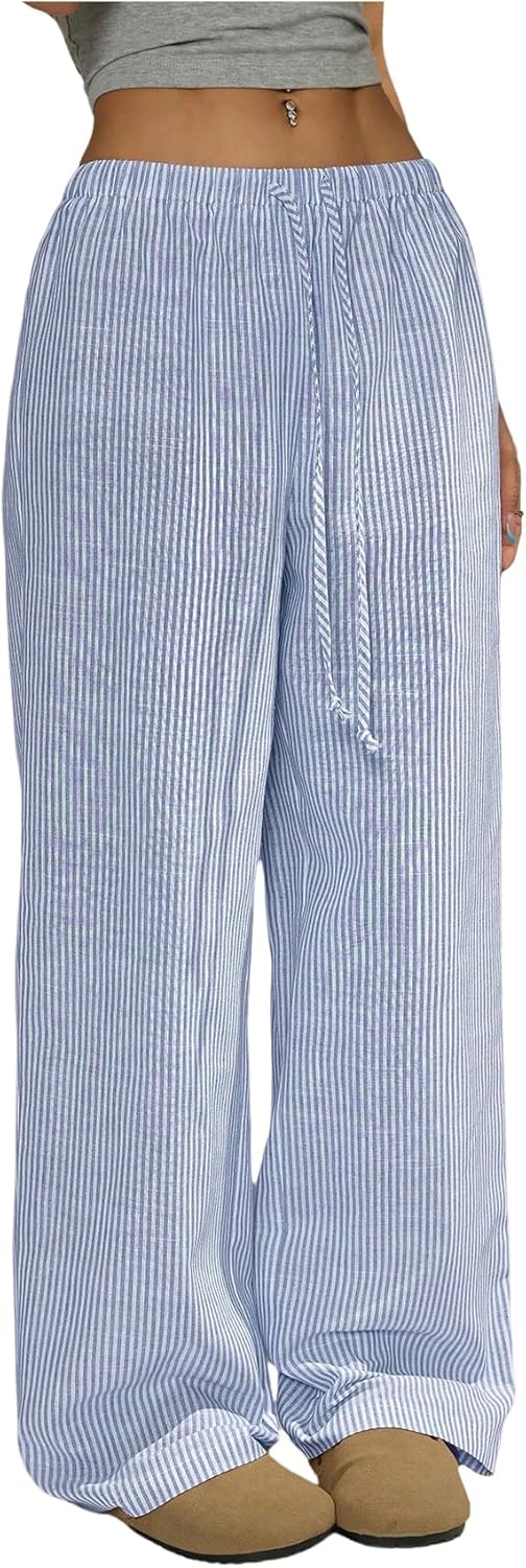 Women's Striped Casual Pants Straight Wide Leg Drawstring Waist Lounge Trousers