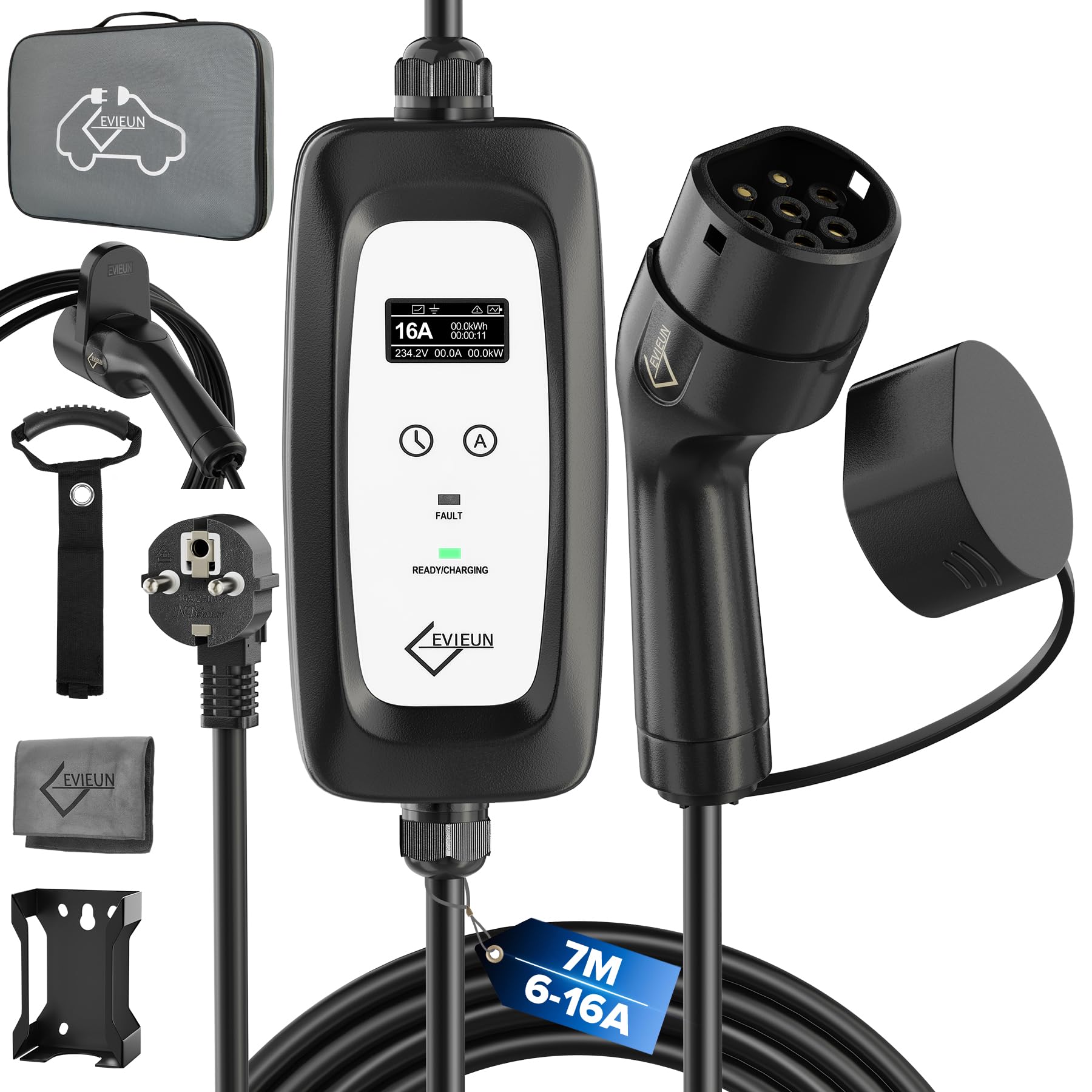 EVIEUN Typ 2 Ladekabel Schuko 3,6kW [1-phasig 7m 6-16A] | EV Ladegerät mit Zeitvorwahl (0-12h) & Digitaldisplay | Ladekabel Elektroauto IEC 62196-2 für ID.3/ID.4, Golf 8, Model 3/Y, ZOE u.a. (EV/PHEV)