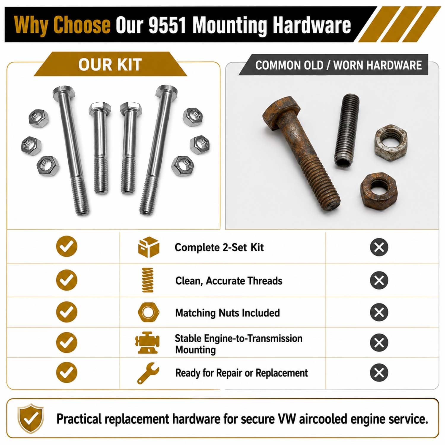 9551 Engine Mounting Bolt Set (71-on) for All VW Aircooled Engines and Dune Buggy（2 Sets）, black