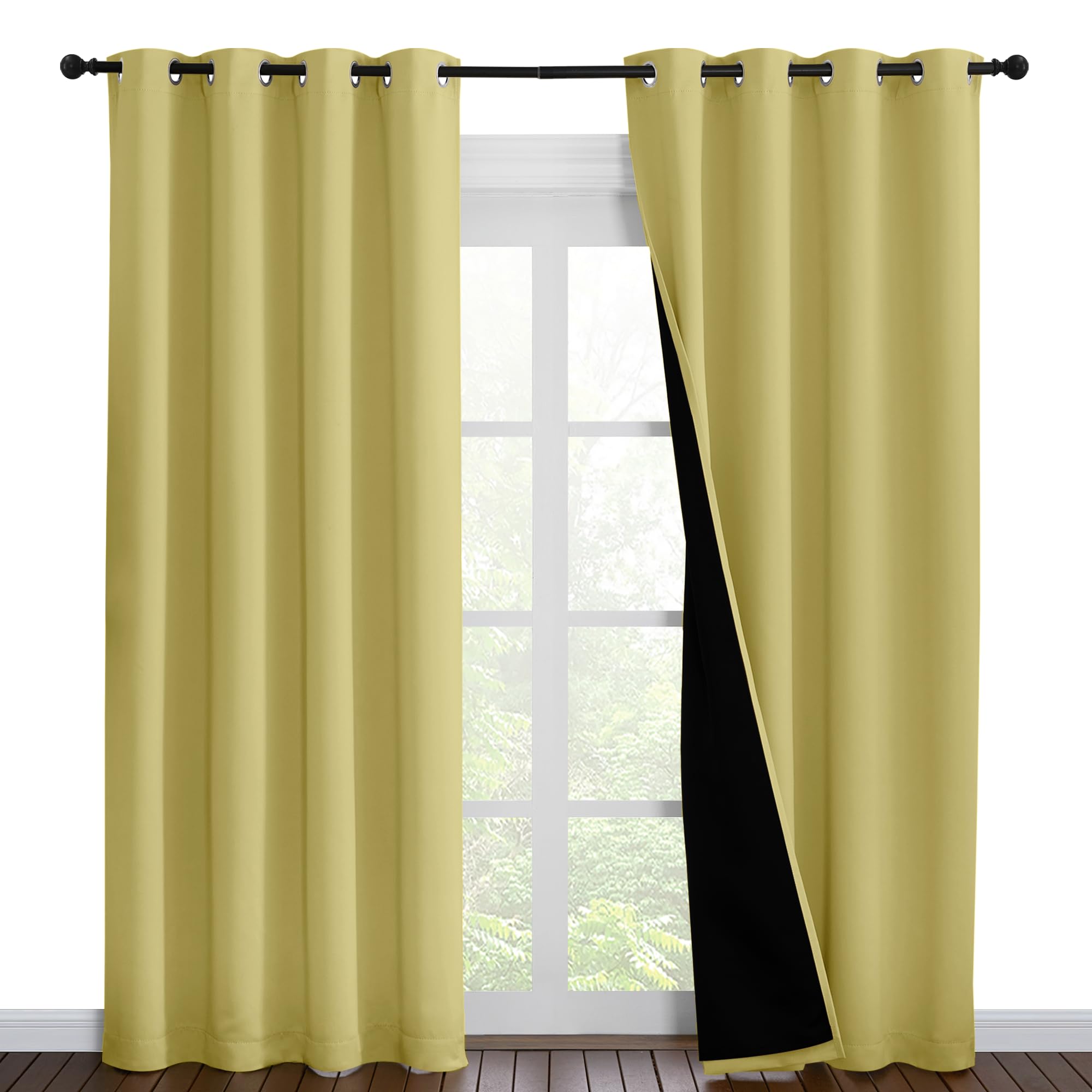 NICETOWN Paler Yellow Full Shade Curtain Panels, Pair of Energy Smart &amp; Noise Blocking Out Blackout Drapes for Dining Room Window, Thermal Insulated Guest Room Lined Window Dressing, 55 x 86 inch