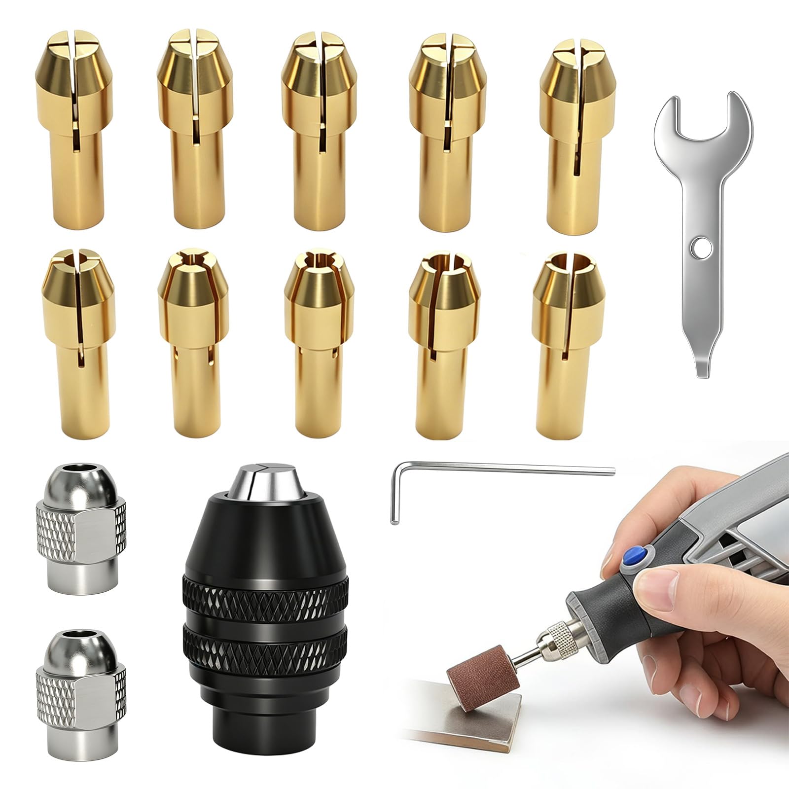 Schnellspannbohrfutter Set 15-teilig Messing Bohrfutter Ersatz 0,8 mm bis 3,2 mm Keyless Bohrfutter Zubehör kompatibel mit Dremel 4000, 3000, 300, 200, 100, 8200 (M7)
