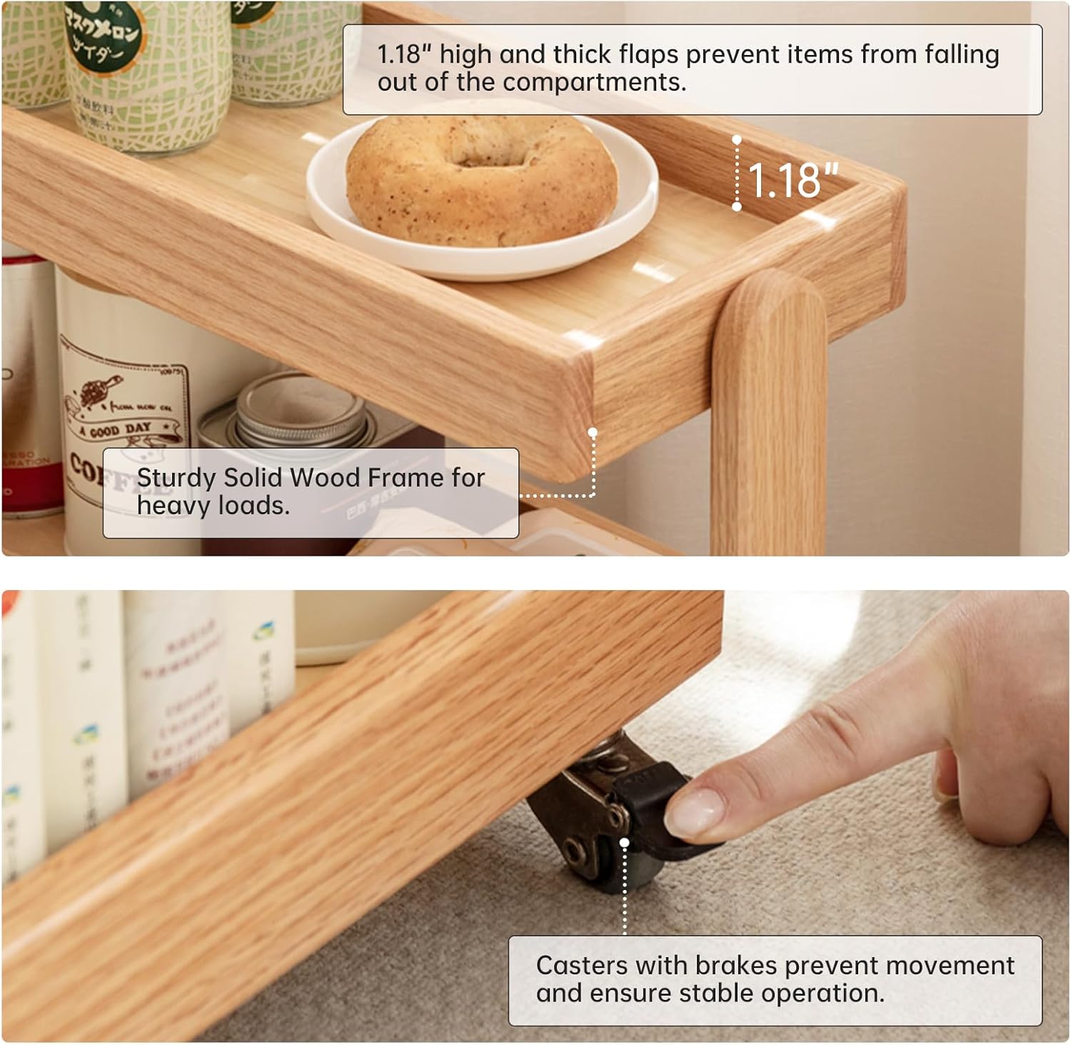 4-Tier Rolling Utility Cart with Lockable Wheels – Solid Oak Mobile Storage Trolley & Shelving Organizer for Kitchen, Living Room(Natural, 7.87" D x 15.75" W x 31.89" H)