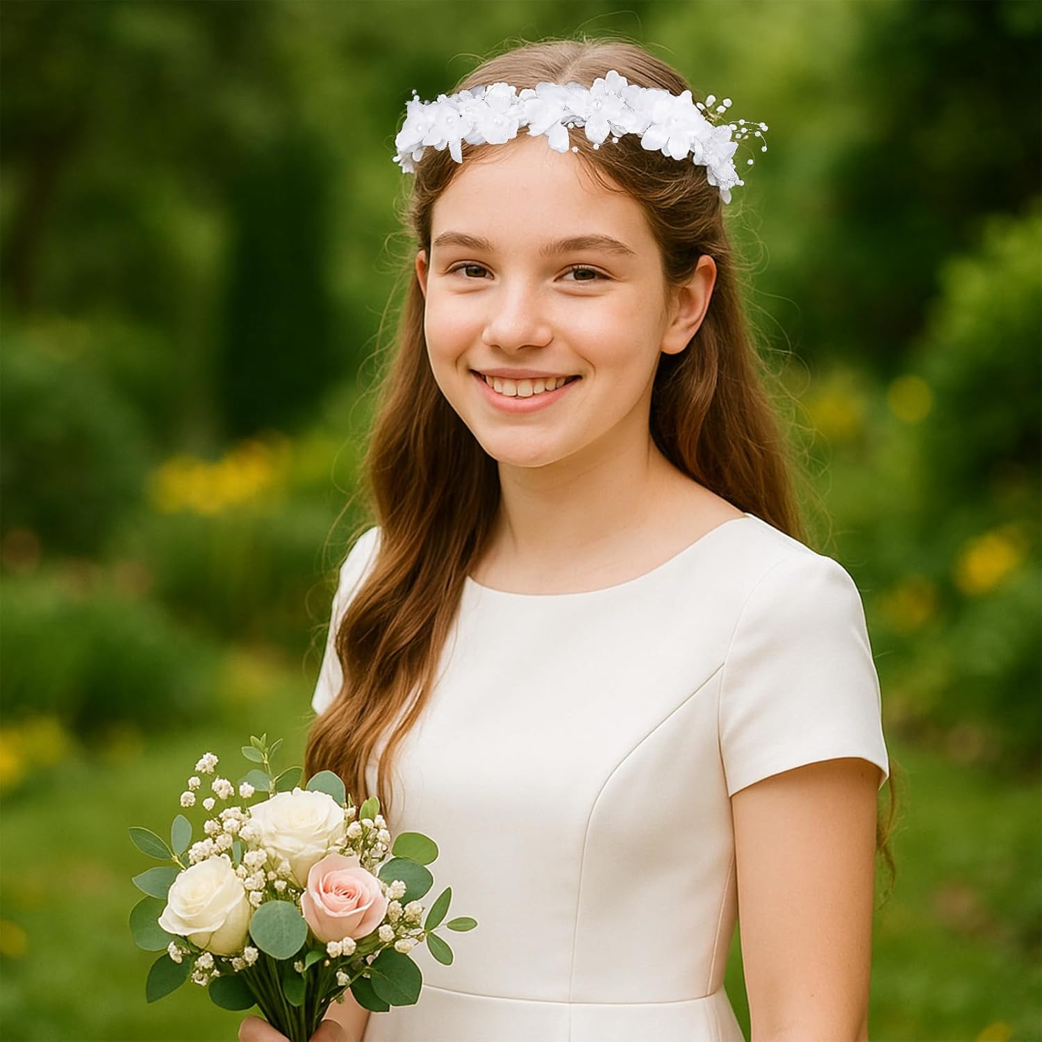First Communion Headbands for Girls, White Flower Headband Veil Headpiece Floral Bridal Crown Bow Wedding Veils with Pearls Hair Wreath Accessories for Women Girls - Image 4