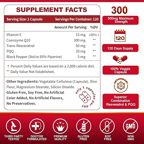 Miniatura 2 de ZEBORA CoQ10-300mg con Trans-Resveratrol, PQQ y Vitamina E - Coenzima Q10 de alta absorción con BioPerine - Potente antioxidante para corazón y