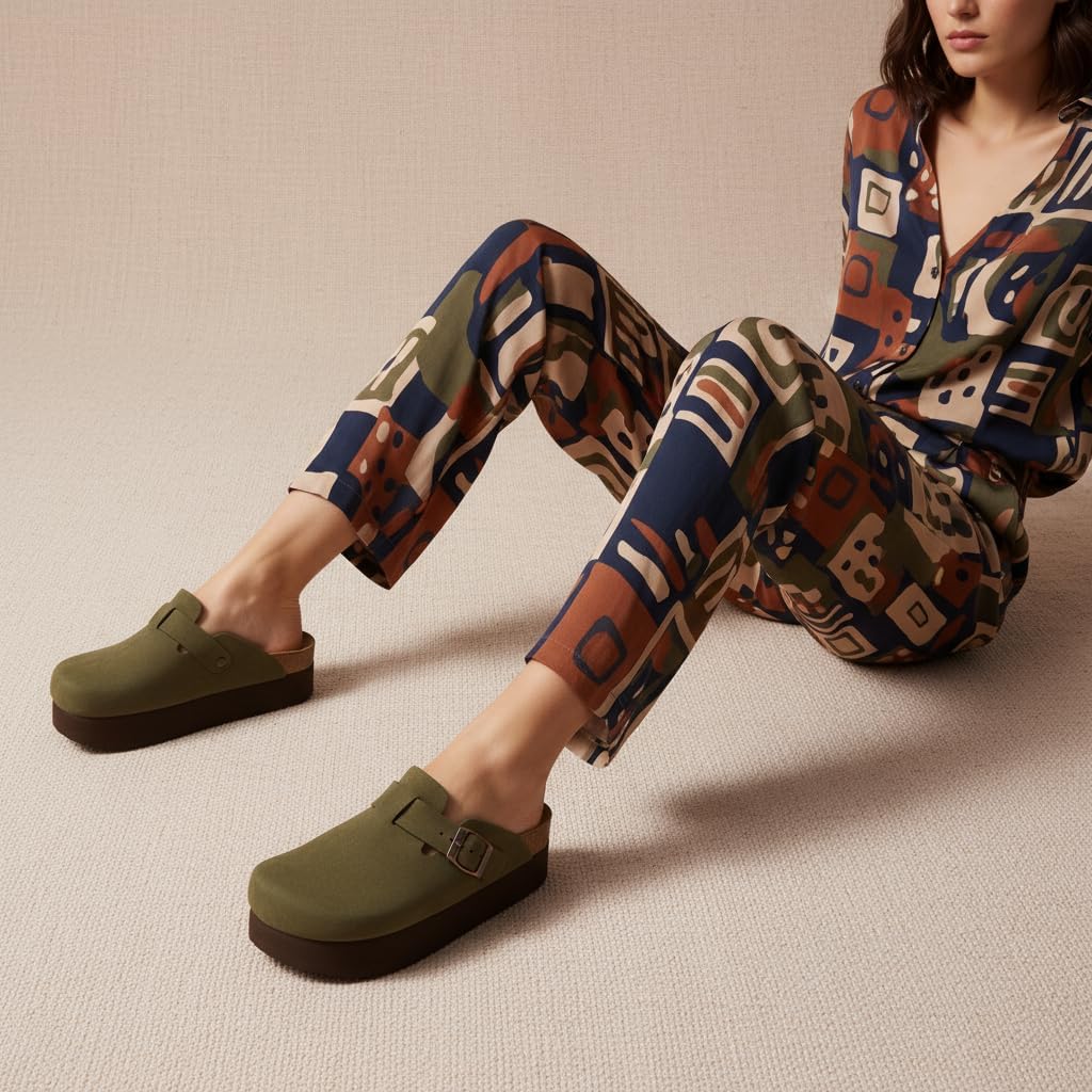 CUSHIONAIRE Loom Platform Clogs for Women, Stylish Vegan Suede Closed Toe Womens Clogs with Adjustable Buckle and Memory Foam Cork Footbed - Image 2