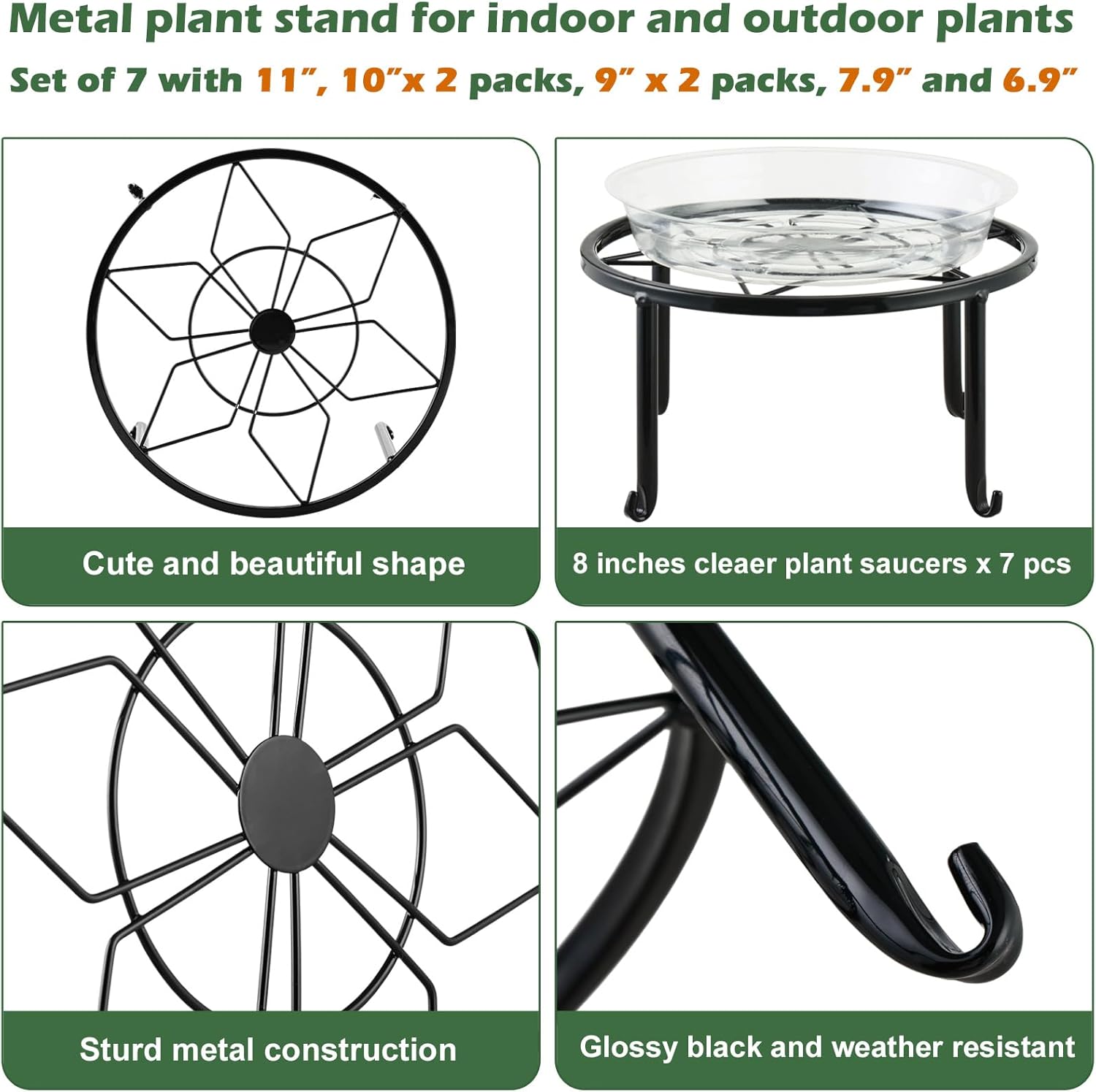 7-pack Metal Plant Stands Indoor Outdoor Rustproof Iron Potted Plant Holder Heavy-duty Round Flower Pot Riser Shelf for Garden, Patio, Corner Stand with Clear Water Tray 6.9"/ 7.9"/ 9"/ 10"/ 11"