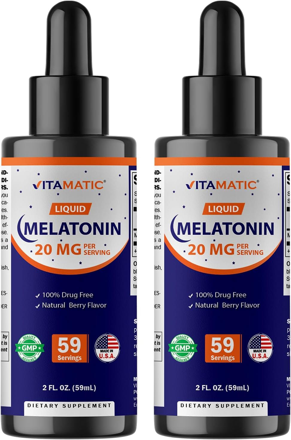 Vitamatic 2-Pack Melatonin 20mg Liquid Drops - 2 fl oz (59 ml) Each - Natural Berry Flavor - Non-GMO, Vegetarian Supplement for Adults