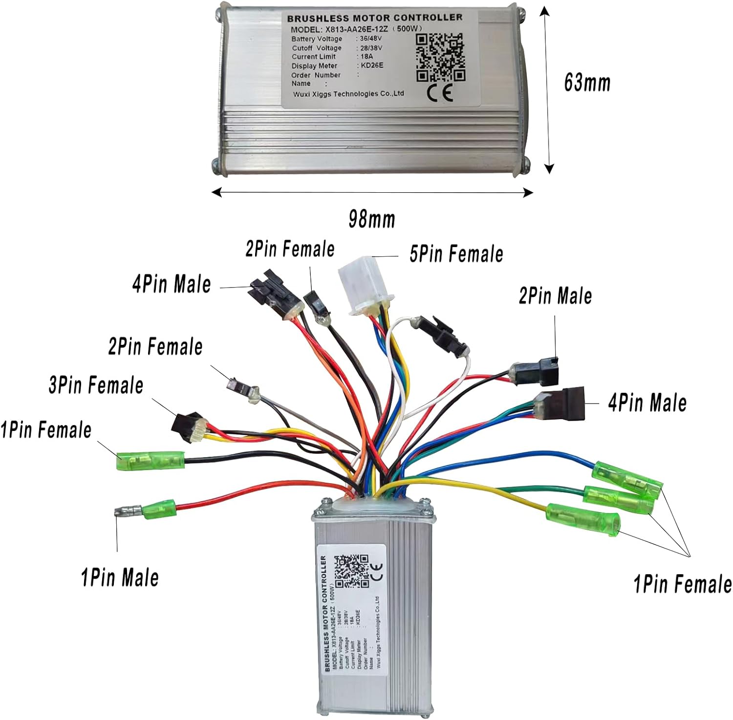 Brushless Motor Controller with labeled connectors and dimensions