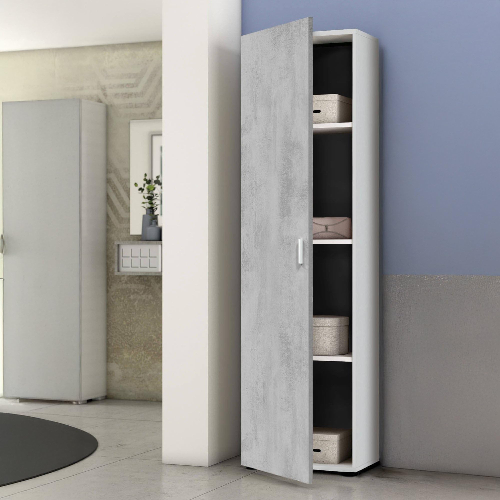 Dmora Armadio multiuso a 1 anta battente e 3 ripiani regolabili, Guardaroba moderno, Mobile alto a colonna, Cm 41x37h182, colore Cemento e Bianco