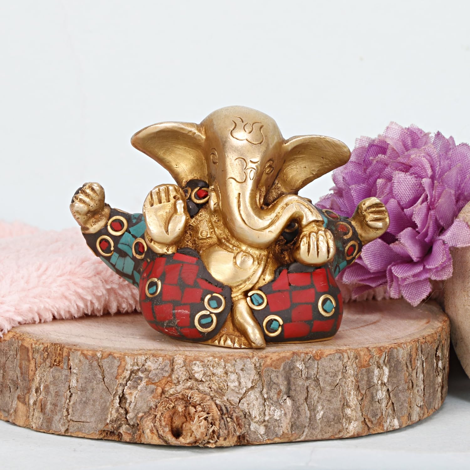 Seigneur Appu Ganesh en laiton certifié pur avec pierre de tortue gravée, (idole de 5 cm pour la maison) | Ganesh Murti | Design pour bureau, voiture et décoration d'intérieur |
