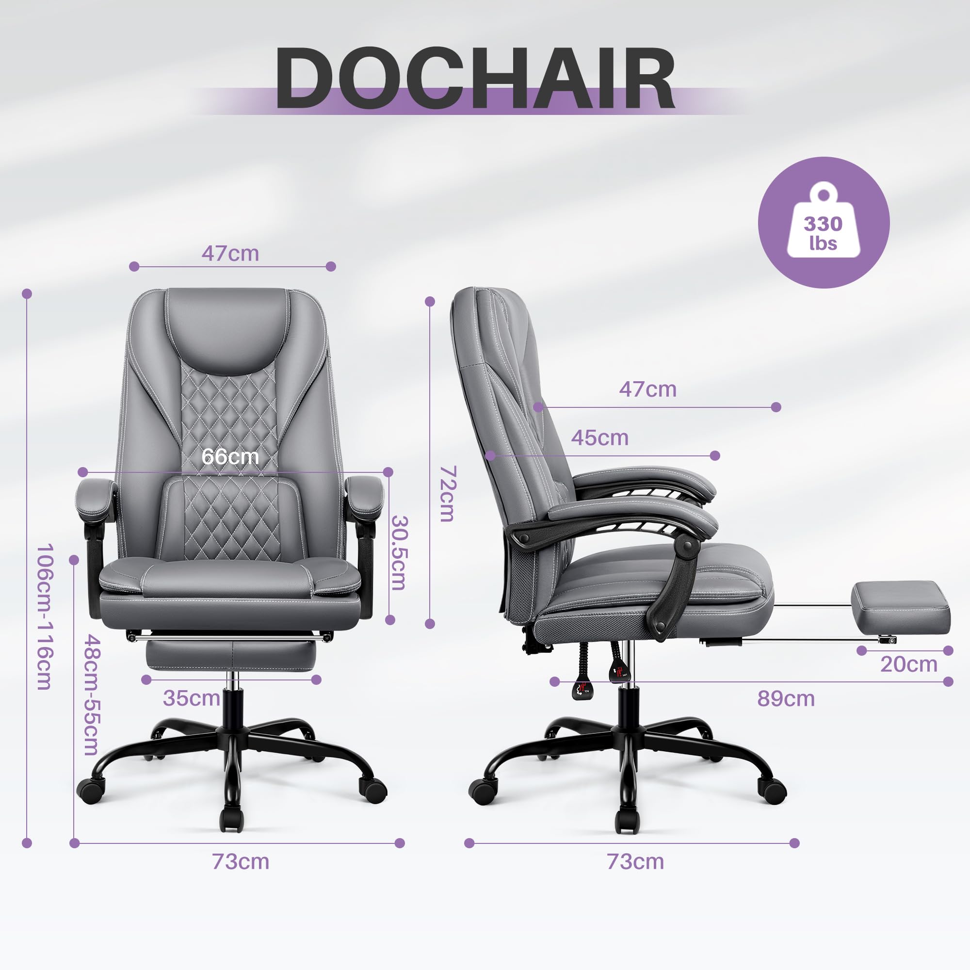 DoChair Sedia Ufficio ergonomica Fino a 140°Sedia Scrivania con Poggiapiedi Poggiatesta Funzione Dondolo in Pelle Artificiale, Grigio