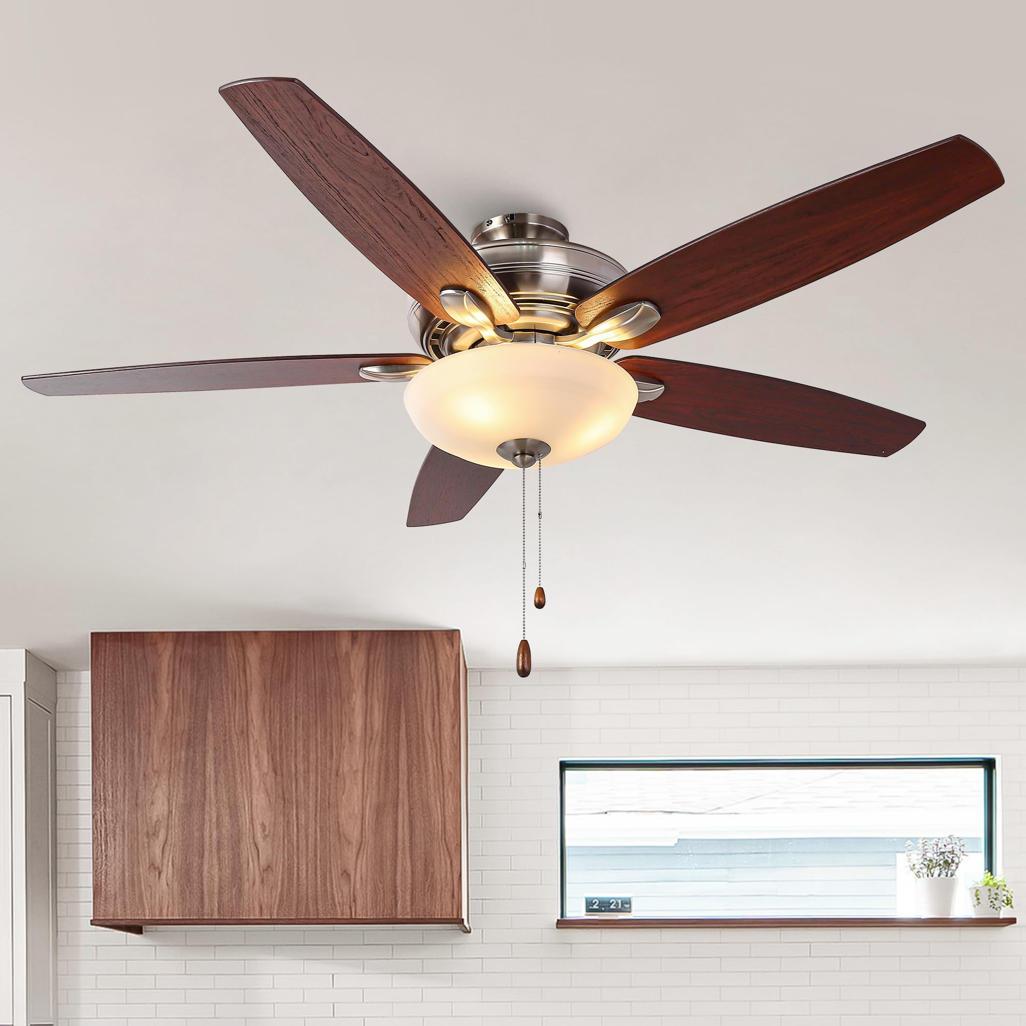 Vaczon 52 inch Low Profile Ceiling Fans with Lights - Brushed Nickel Antique Ceiling Fan with Pull Chain, Dual-Sided 5 Blades, Flush Mount Indoor