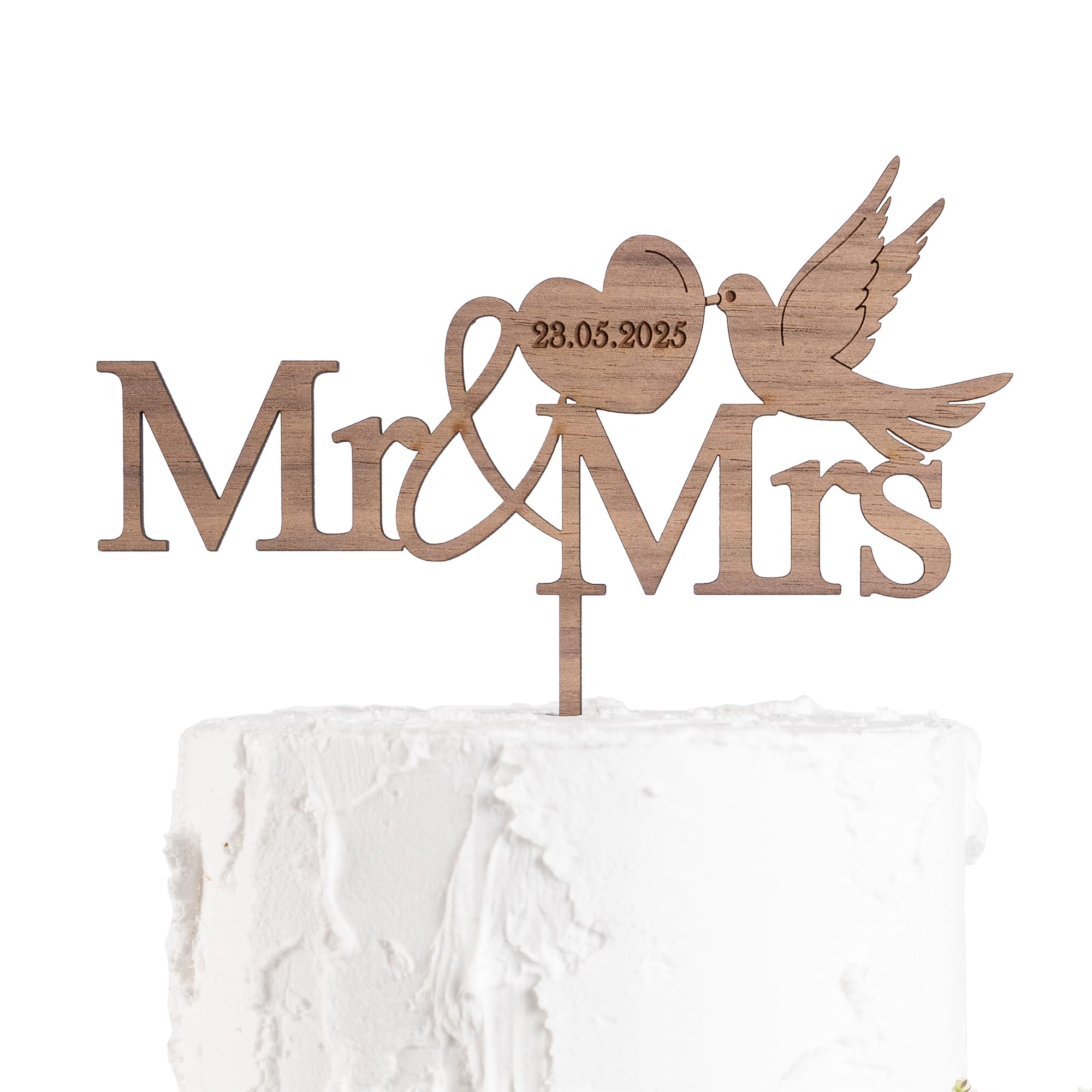 Wooden Wedding Cake Topper, Mr & Mrs Design, 4mm Thick, Rustic Style, Personalisable with Date (Walnut)