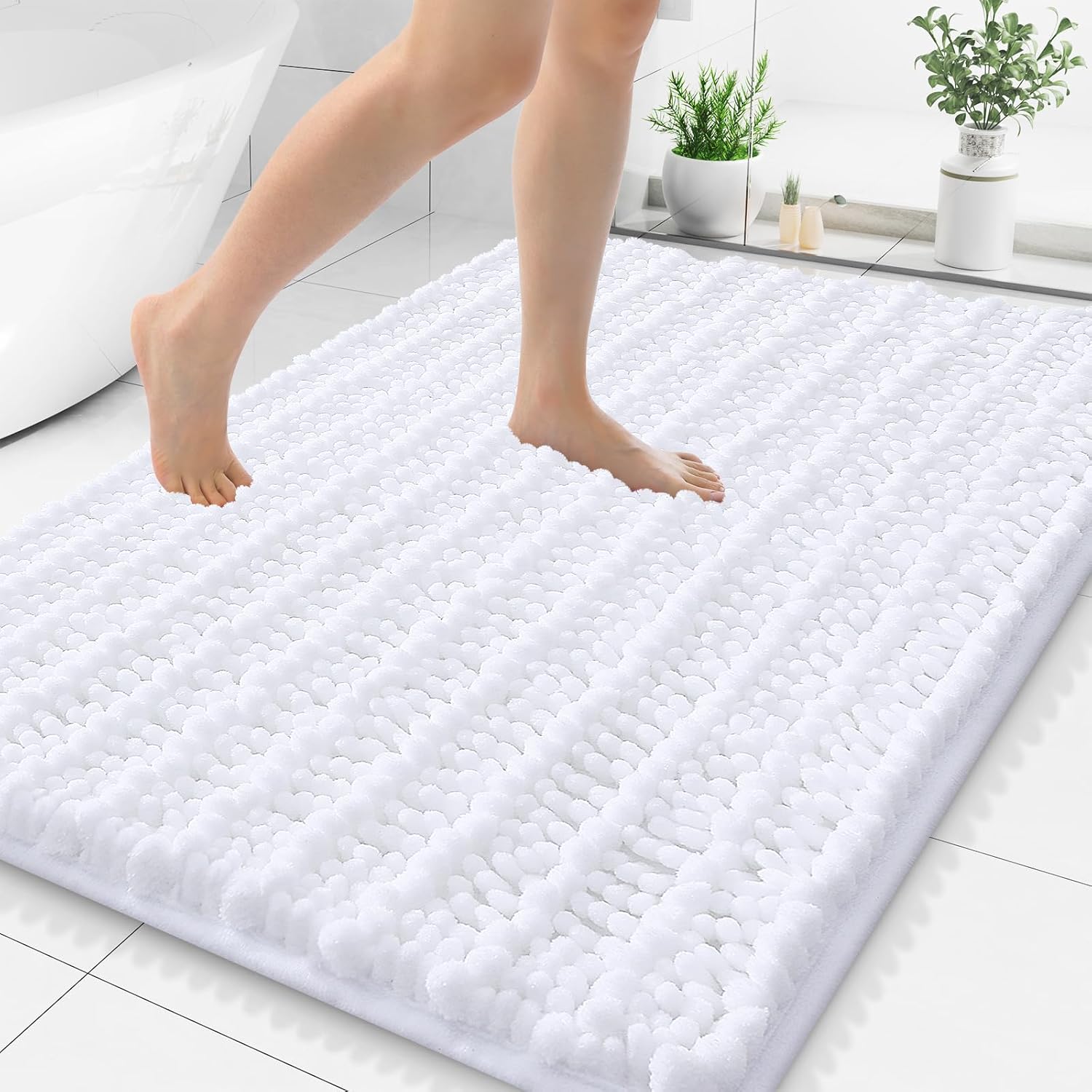 Smiry Bathroom Rugs Mat 48x32, Extra Soft Absorbent Chenille Bath Rugs, Non Slip Rubber Backing Machine Washable Quick Dry Bath Mats for Bathroom Floor, Tub, Shower, Home Decor Accessories, White