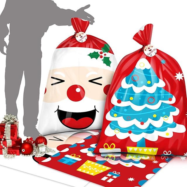 VEYLIN Christmas Sacks Large, 2 Pack Jumbo Plastic Santa Gift Sack Bag Stocking Wrapping Decoration (56 x 36 Inch)
