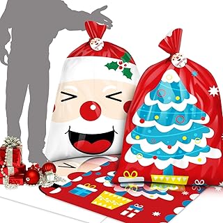 VEYLIN Christmas Sacks Large, 2 Pack Jumbo Plastic Santa Gift Sack Bag Stocking Wrapping Decoration (56 x 36 Inch)